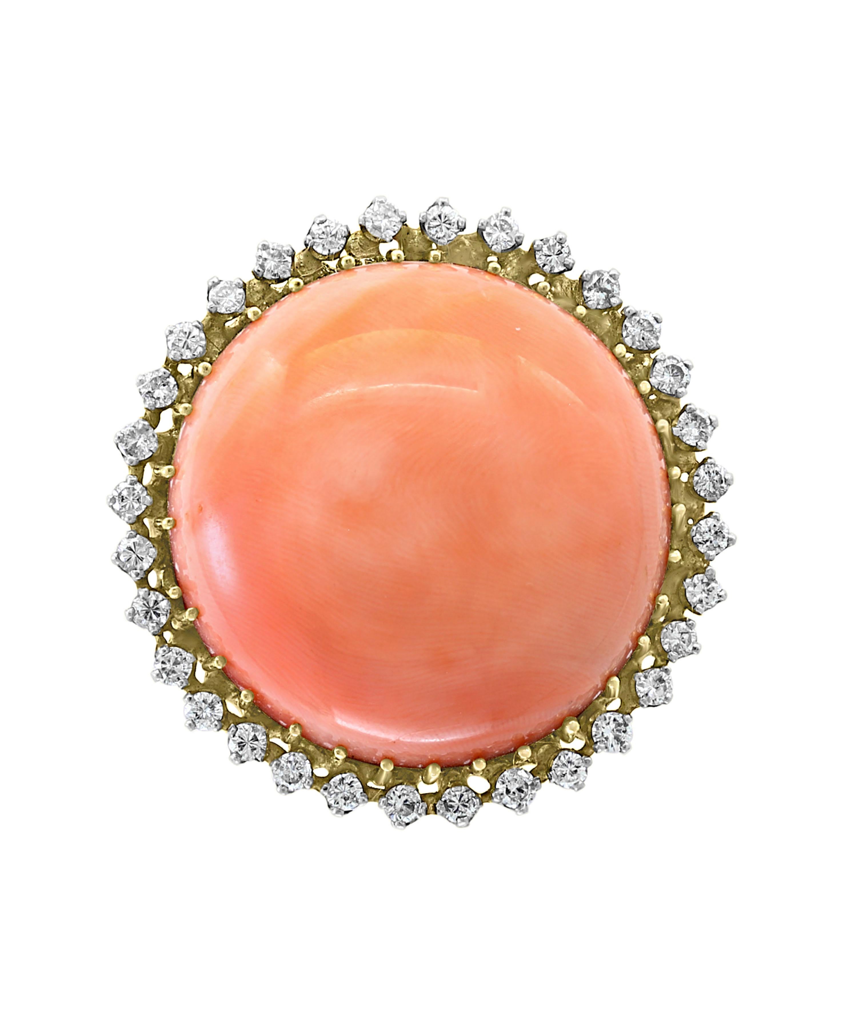 125 Carat Natural Pink Round Coral and Diamond Cocktail Ring 18 Karat Gold For Sale 5
