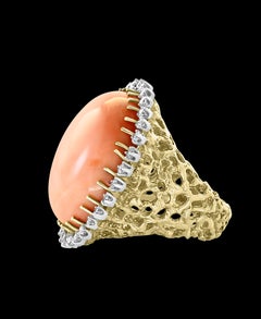 125 Carat Natural Pink Round Coral and Diamond Cocktail Ring 18 Karat Gold