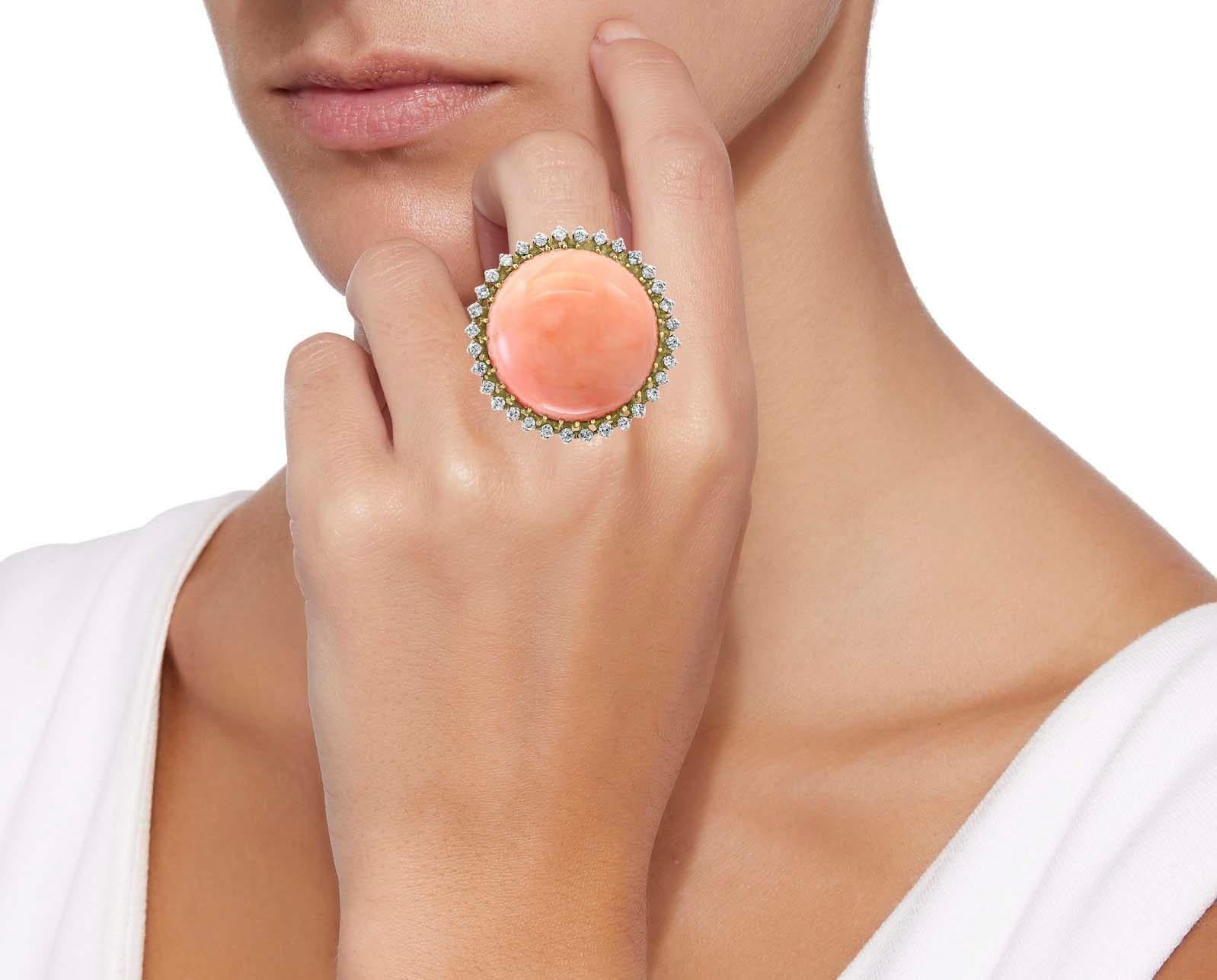 Round Cut 125 Carat Natural Pink Round Coral and Diamond Cocktail Ring 18 Karat Gold For Sale