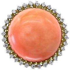 125 Carat Natural Pink Round Coral and Diamond Cocktail Ring 18 Karat Gold