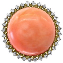 125 Carat Natural Pink Round Coral and Diamond Cocktail Ring 18 Karat Gold