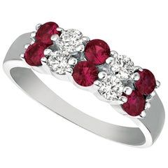 Bague à 2 rangées G SI en or blanc 14 carats, rubis naturel de 1,25 carat et diamants