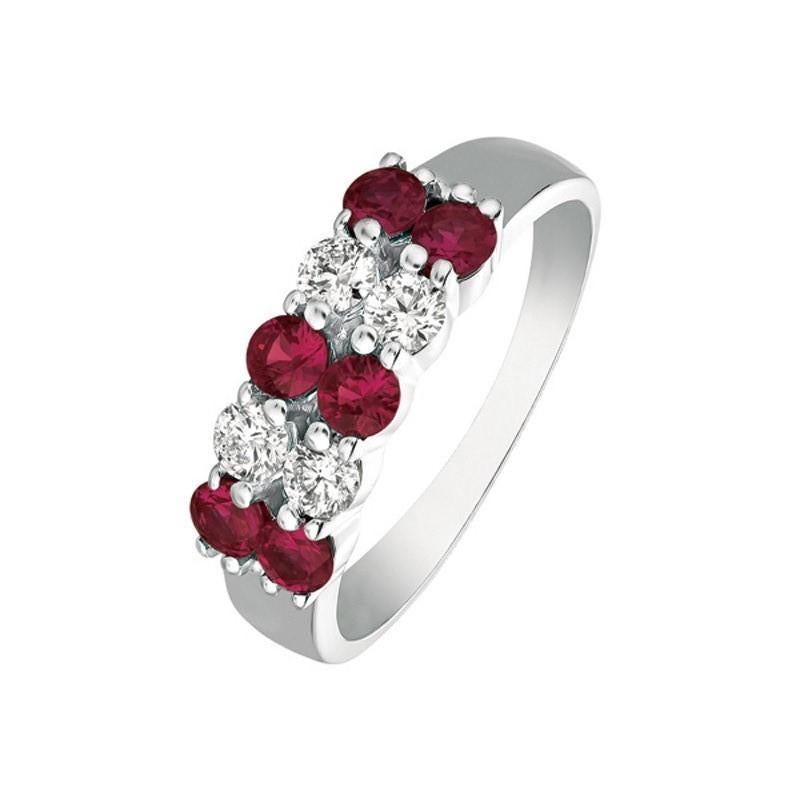 Round Cut 1.25 Carat Natural Ruby and Diamond 2 Rows Ring G SI 14 Karat White Gold For Sale