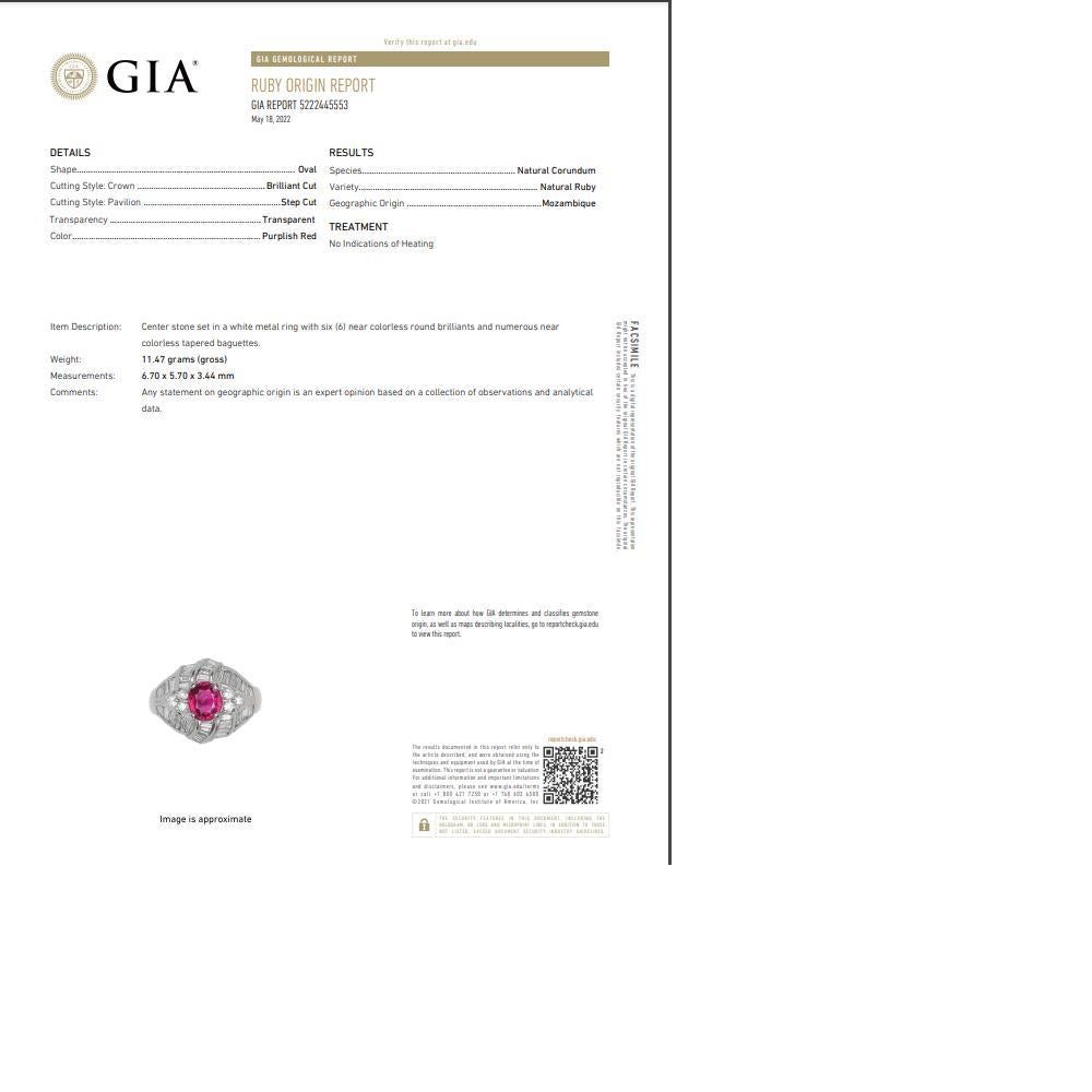1.25 Carat No-Heat Ruby Diamond Platinum Ring, GIA Certified For Sale 1