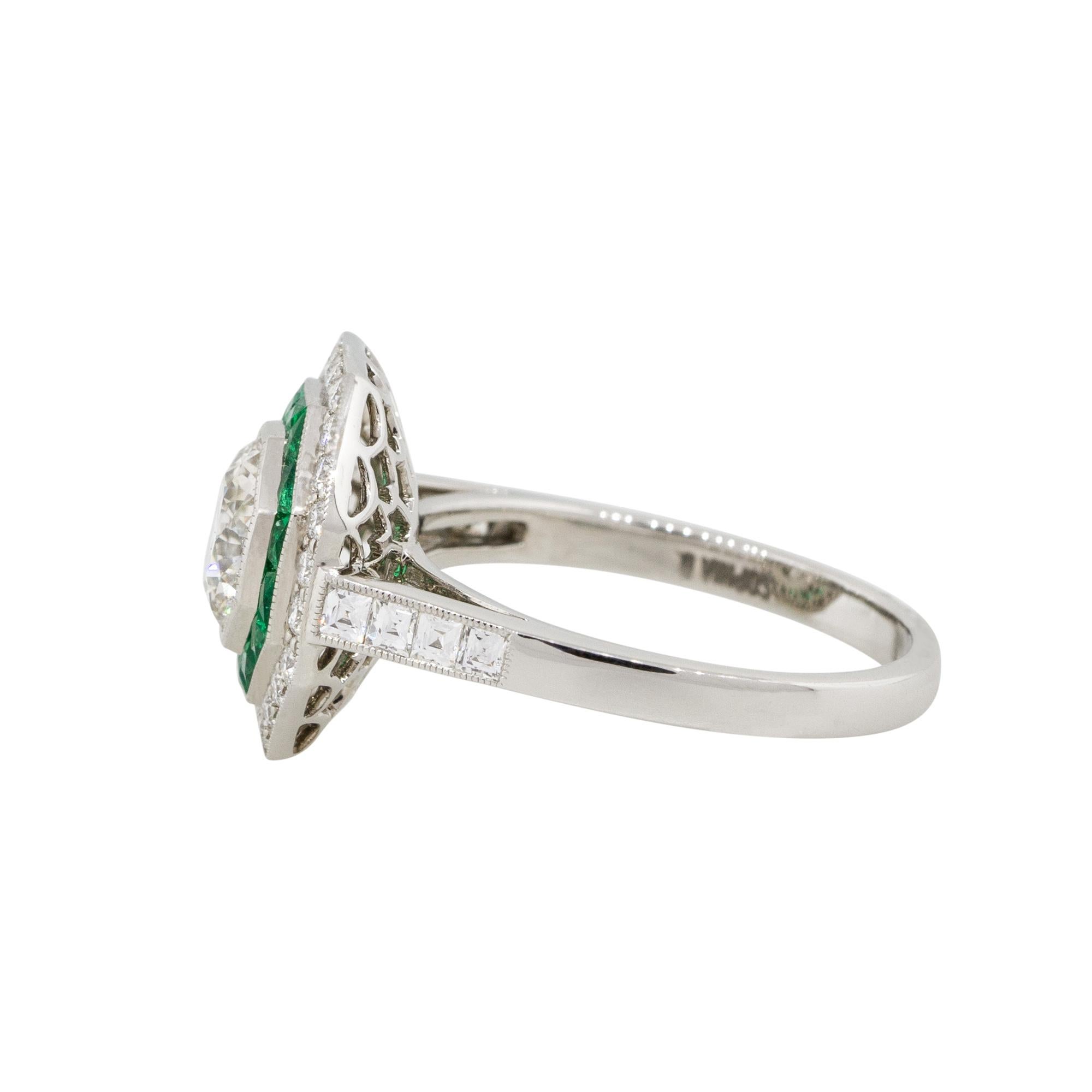 Old European Cut 1.25 Carat Old Euro Cut Diamond Hexagonal Ring with Emeralds Platinum