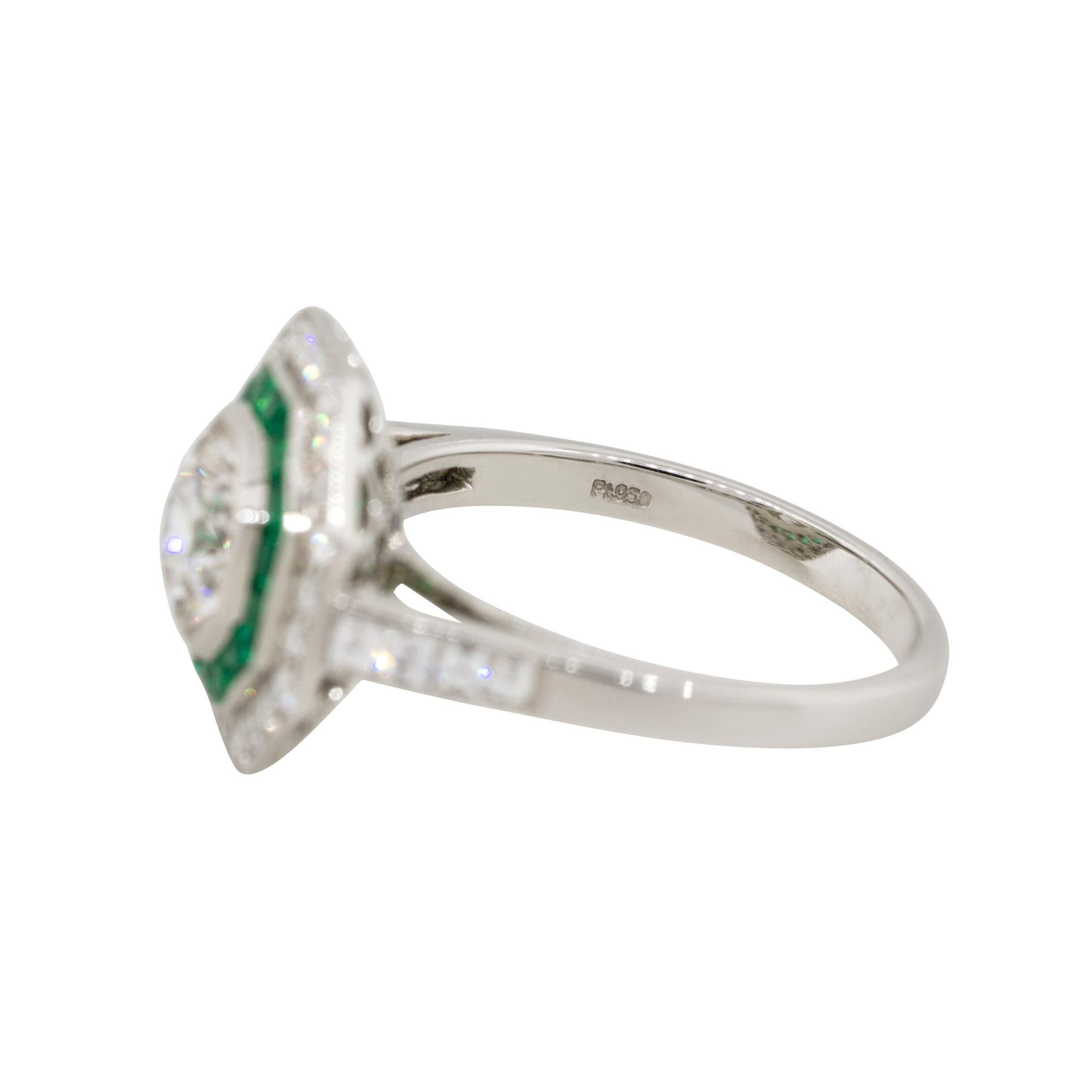 1.25 Carat Old Euro Cut Diamond Hexagonal Ring with Emeralds Platinum In New Condition In Boca Raton, FL