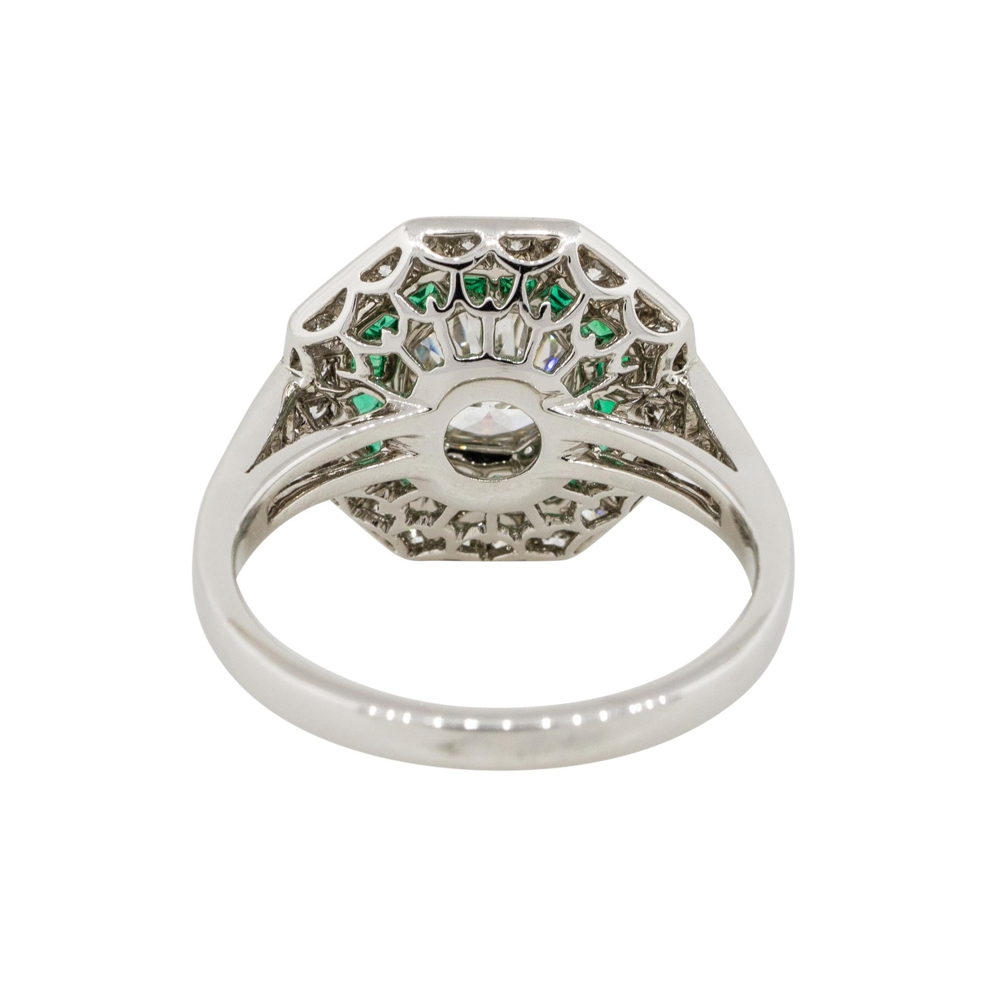Women's 1.25 Carat Old Euro Cut Diamond Hexagonal Ring with Emeralds Platinum