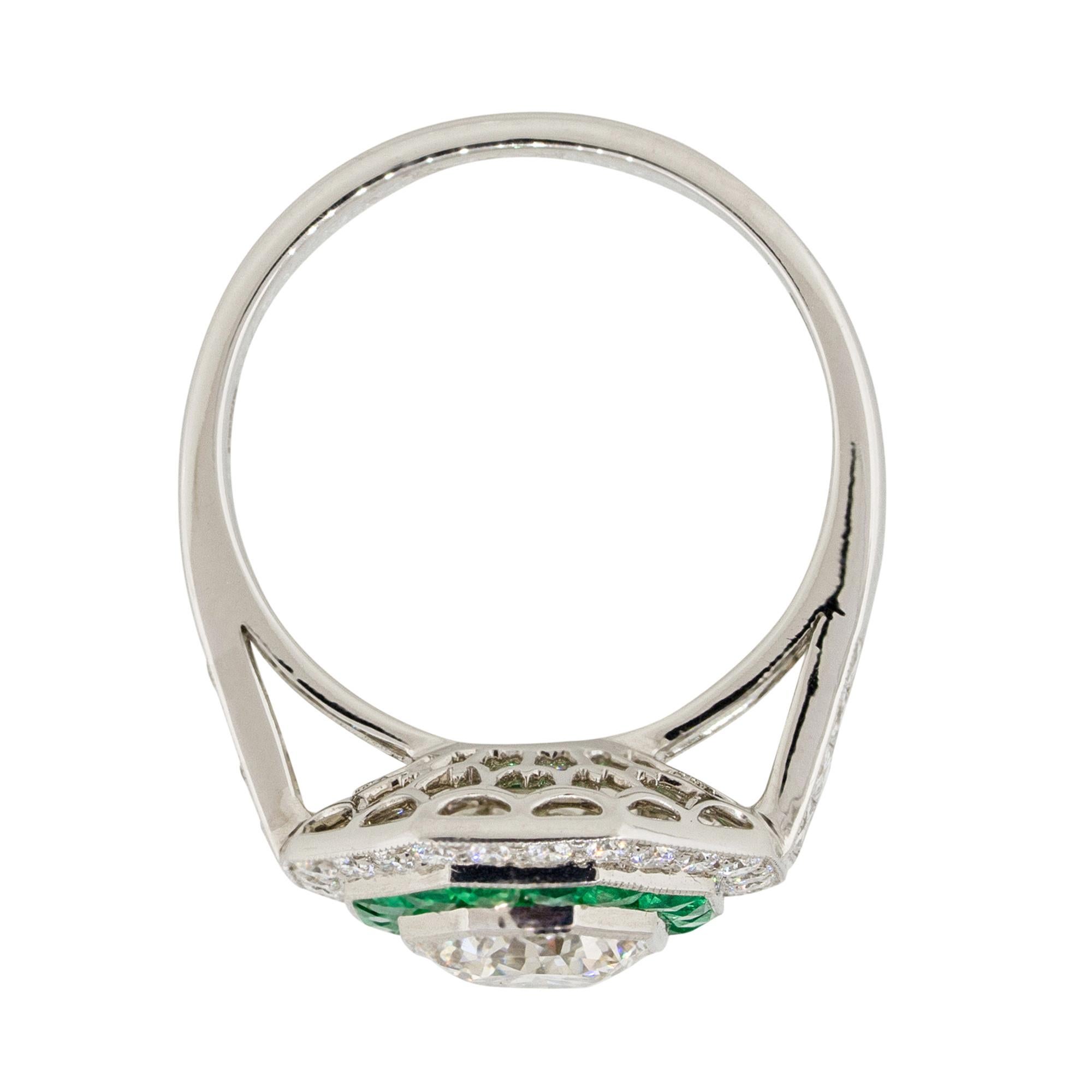 1.25 Carat Old Euro Cut Diamond Hexagonal Ring with Emeralds Platinum 1
