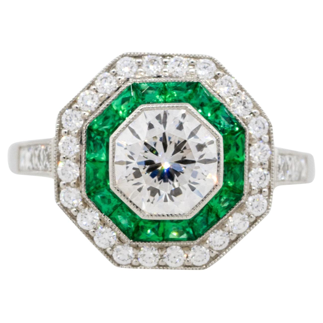 1.25 Carat Old Euro Cut Diamond Hexagonal Ring with Emeralds Platinum