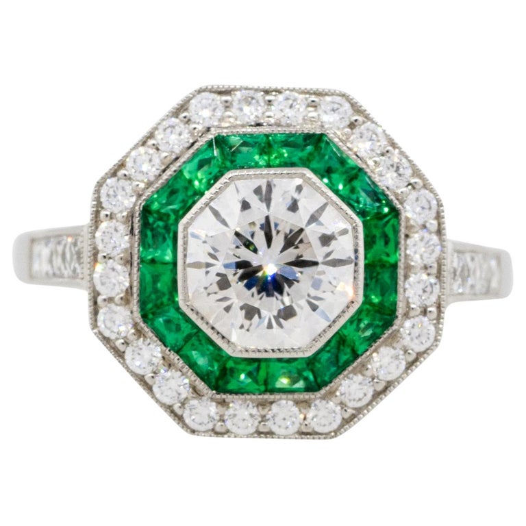 1.25 Carat Old Euro Cut Diamond Hexagonal Ring with Emeralds Platinum ...