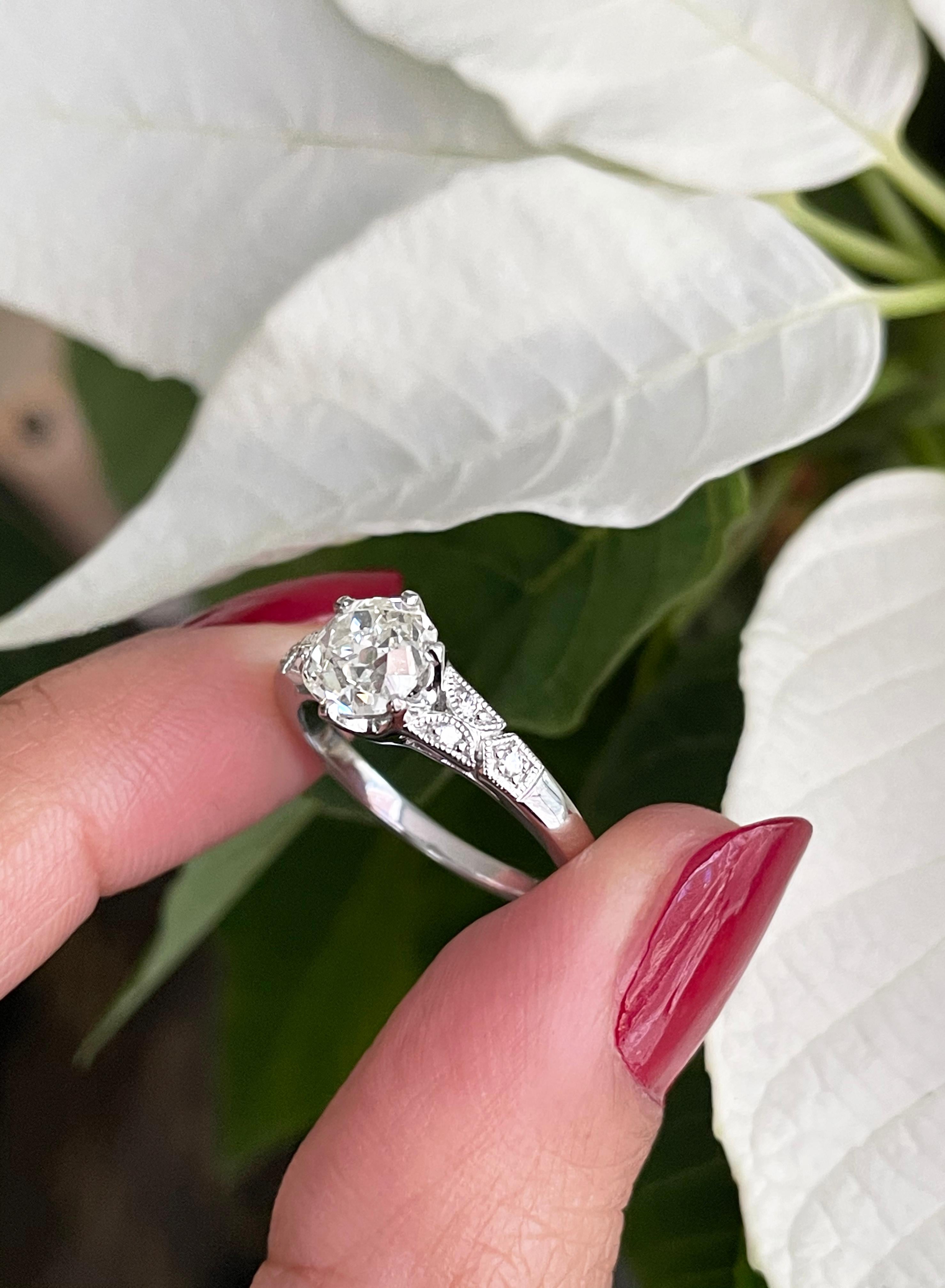 Women's 1.25 Carat Old Mine Cut Diamond Platinum Engagement Ring For Sale