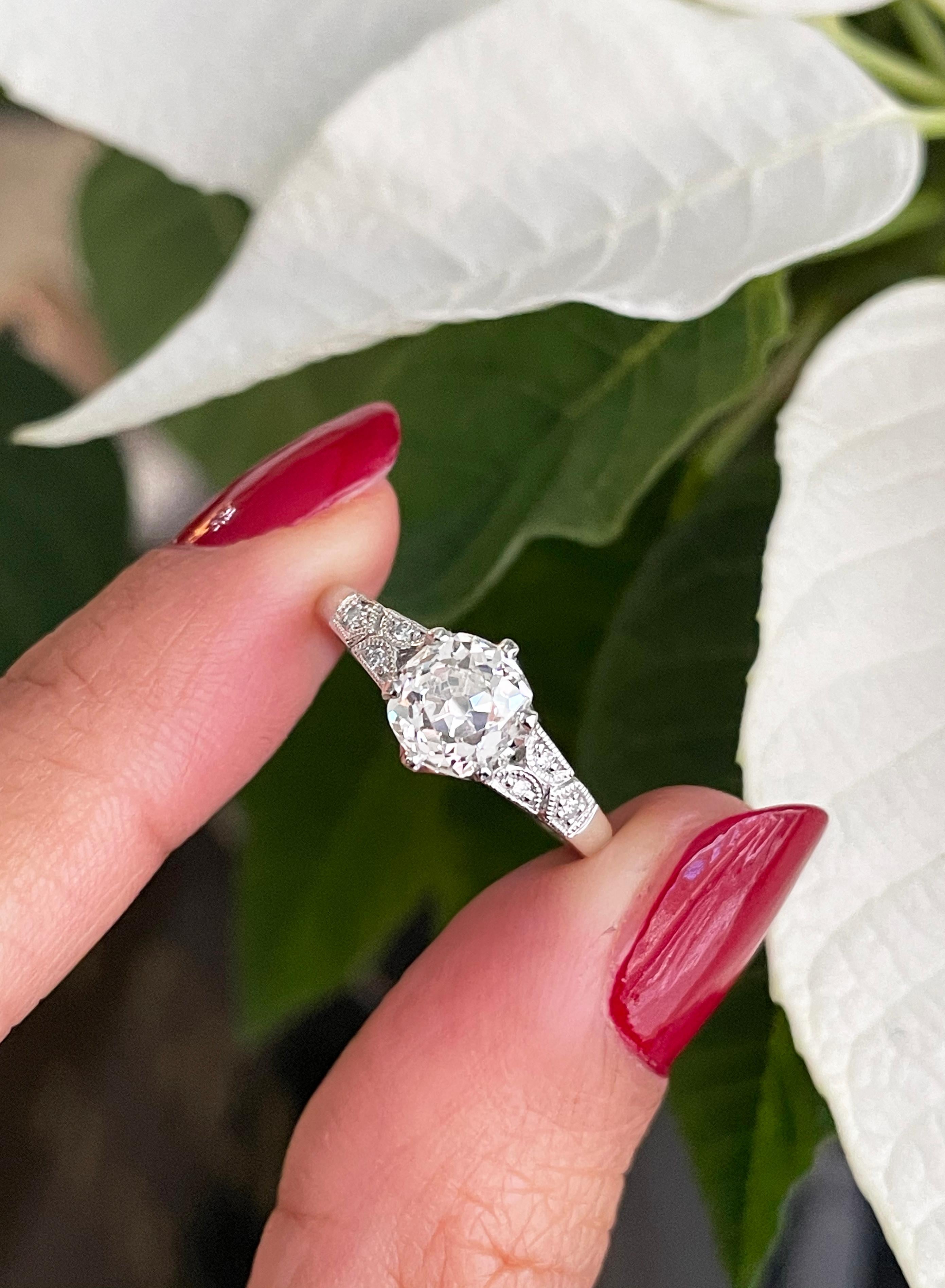 1.25 Carat Old Mine Cut Diamond Platinum Engagement Ring For Sale 1