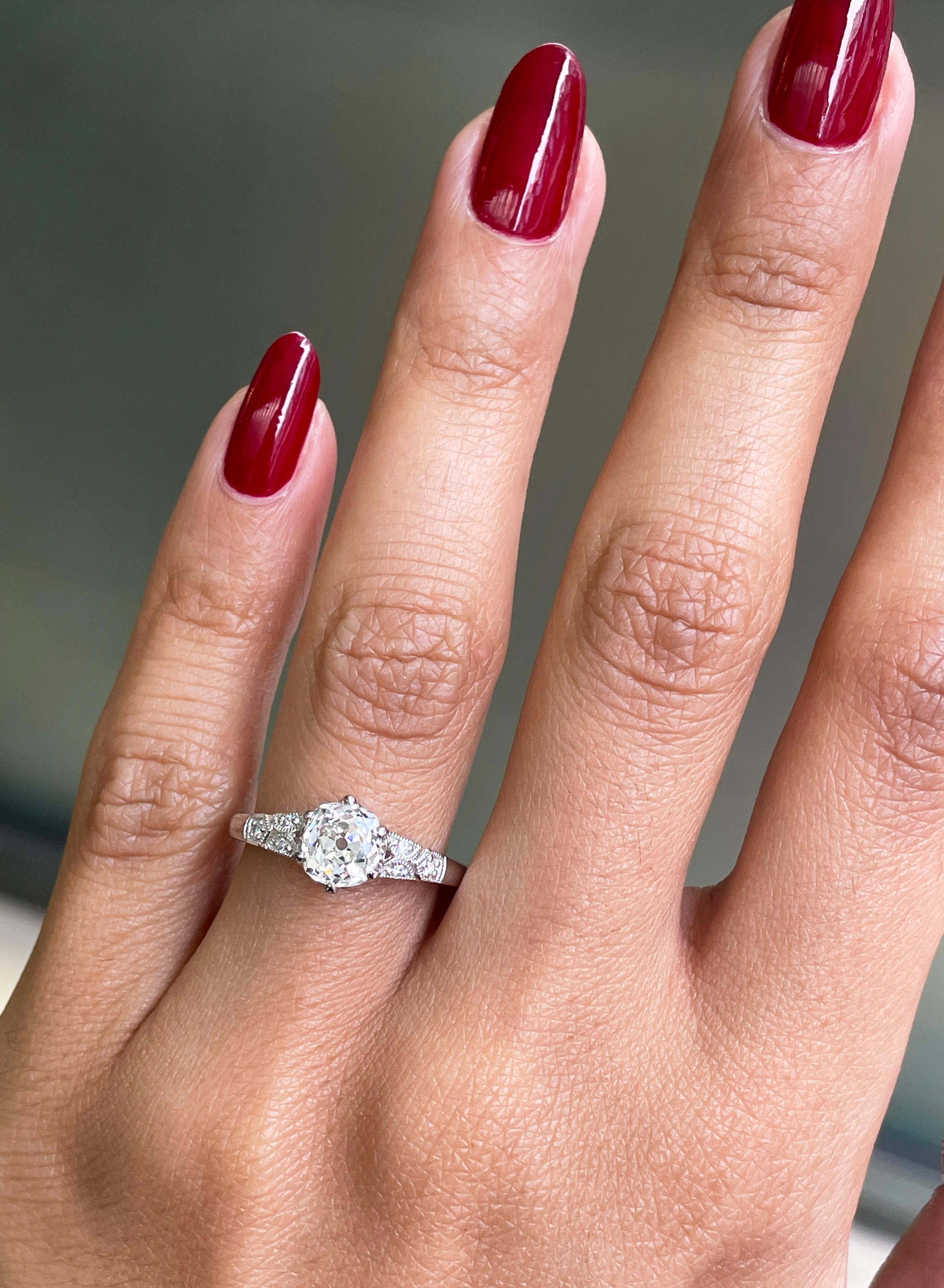 1.25 Carat Old Mine Cut Diamond Platinum Engagement Ring For Sale 2