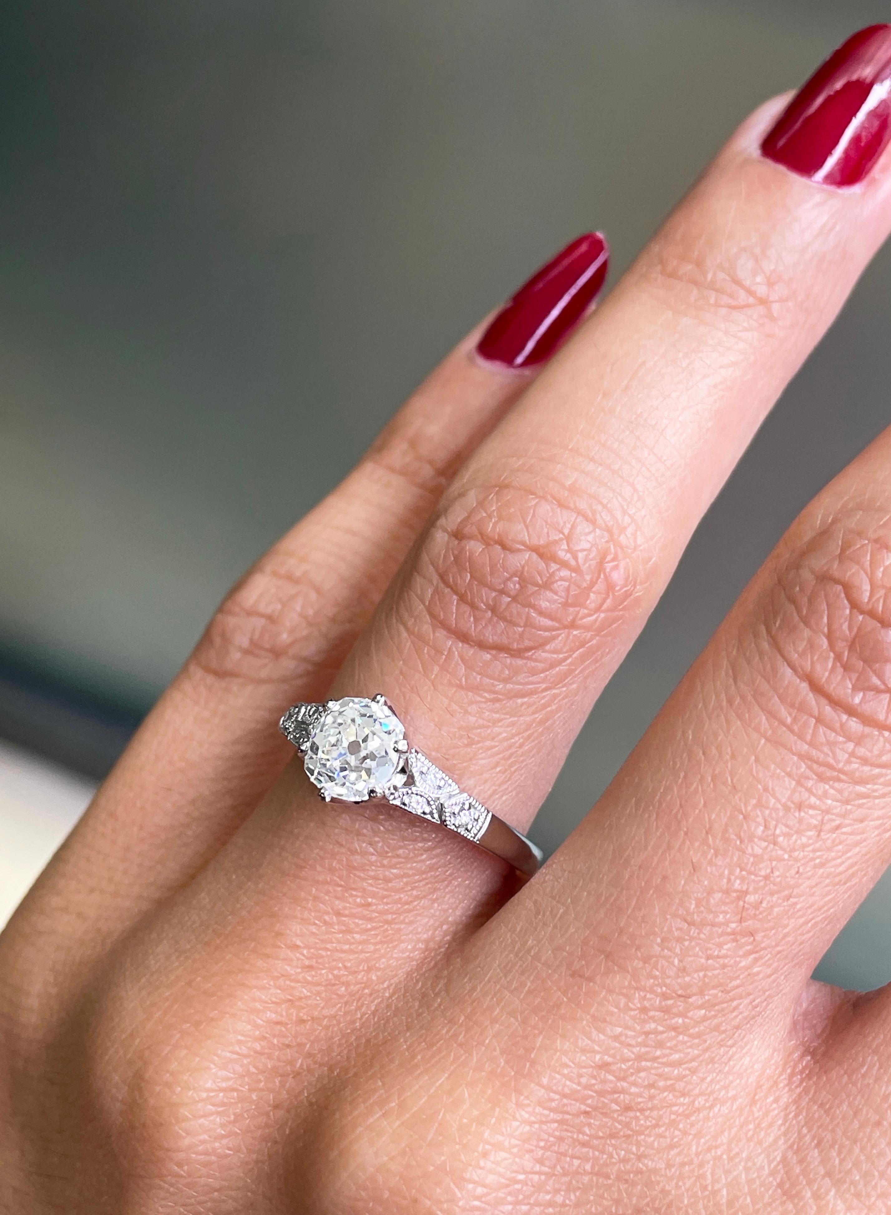1.25 Carat Old Mine Cut Diamond Platinum Engagement Ring For Sale 3