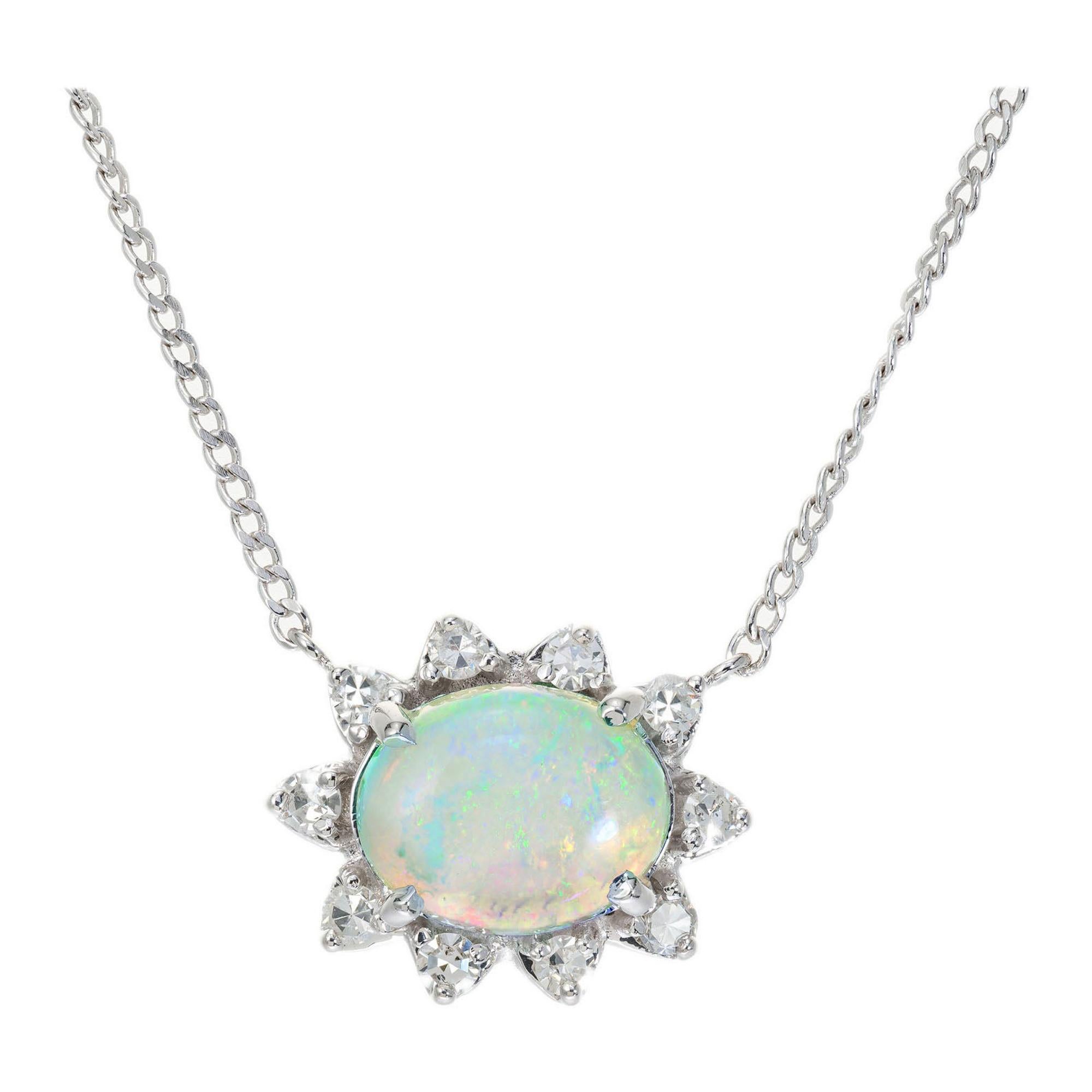1.25 Carat Opal Diamond Halo White Gold Pendant Necklace