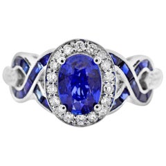 1.25 Carat Oval Blue Sapphire and Diamond 14K White Gold Cocktail Ring