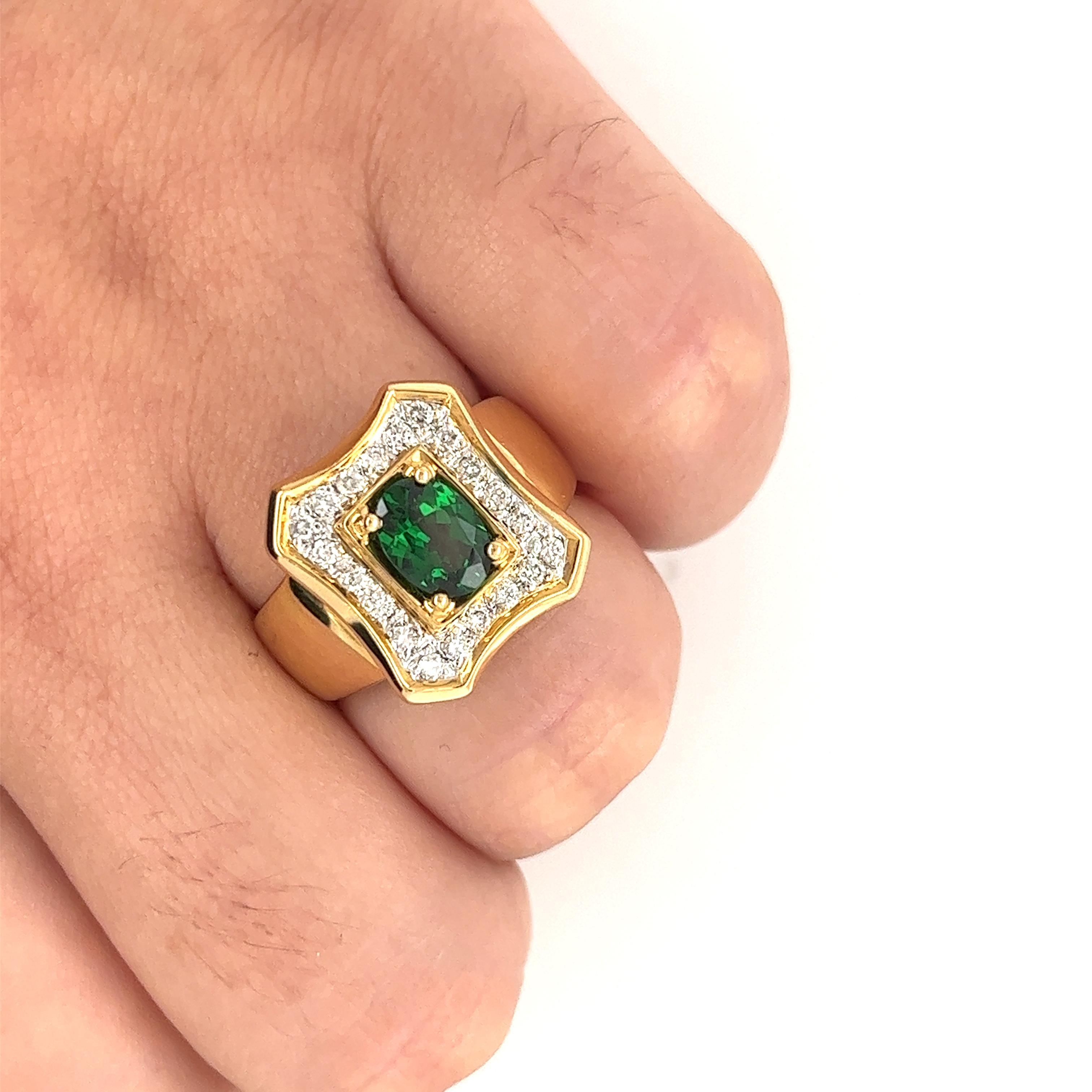 Contemporary 1.25 Carat Oval Cut Tsavorite and Diamond Halo Rectangle Shape 18K Gold Ring For Sale