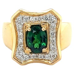 Vintage 1.25 Carat Oval Cut Tsavorite and Diamond Halo Rectangle Shape 18K Gold Ring