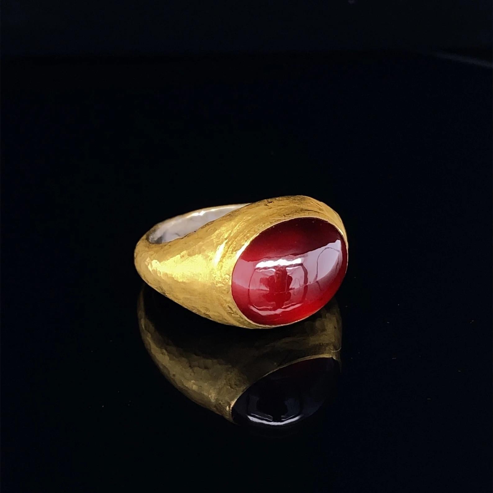 Artisan 12.5 Carat Oval Domed Smooth Garnet Cabochon Ring, 24K Hammered Gold & Silver