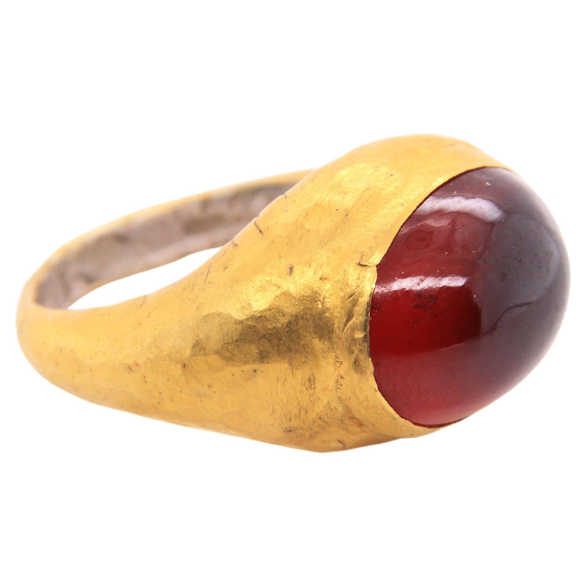 12.5 Carat Oval Domed Smooth Garnet Cabochon Ring, 24K Hammered Gold & Silver