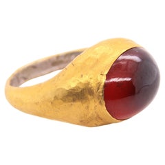 12.5 Carat Oval Domed Smooth Garnet Cabochon Ring, 24K Hammered Gold & Silver