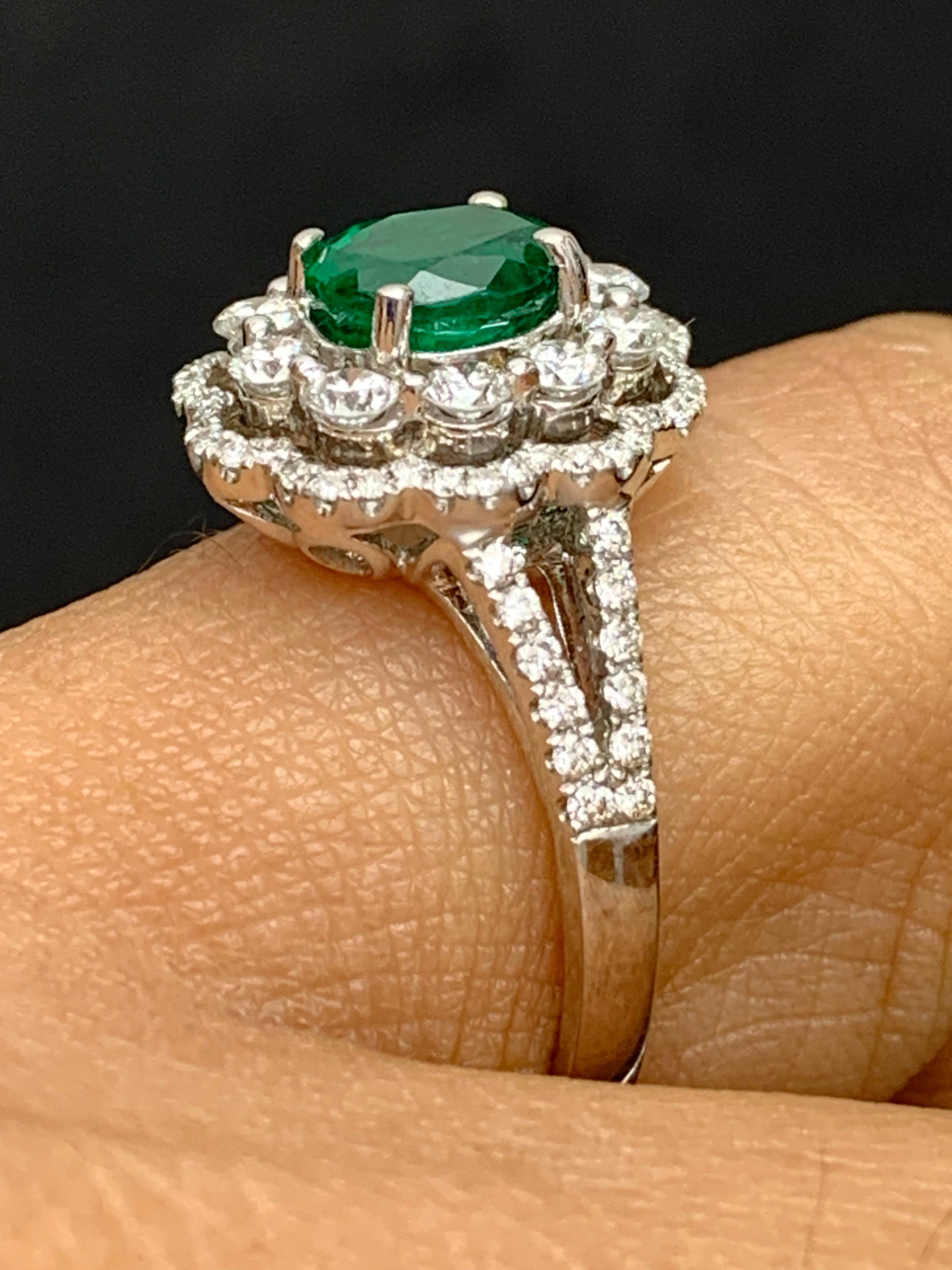 1.25 Carat Oval Emerald and Diamond Cocktail Flower Ring in 18K White Gold For Sale 3