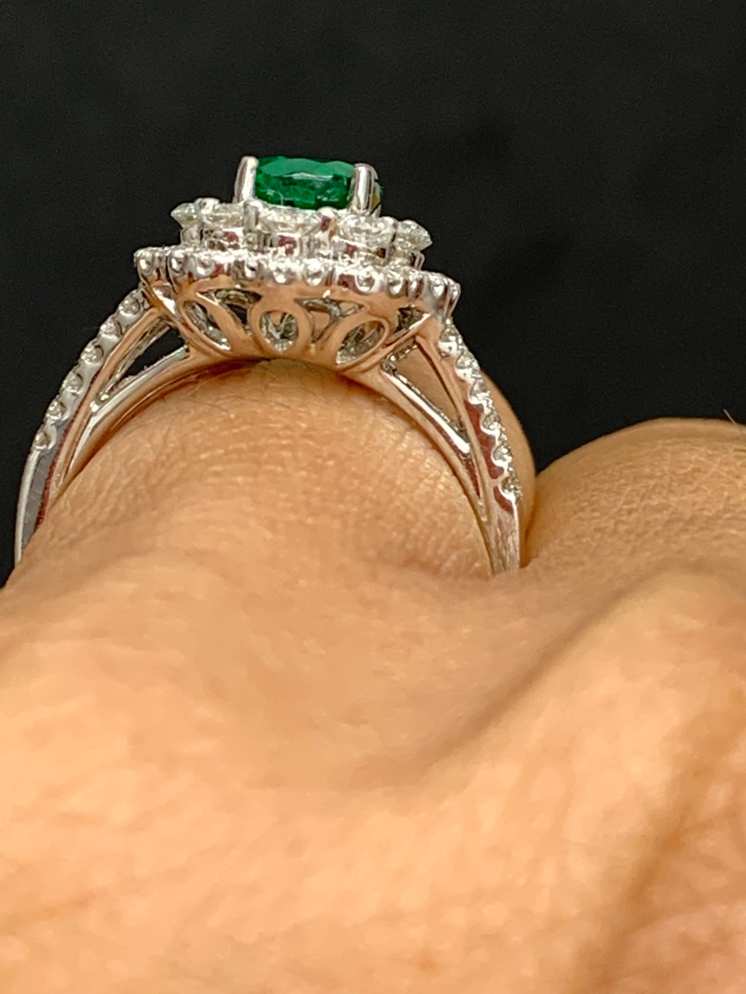 1.25 Carat Oval Emerald and Diamond Cocktail Flower Ring in 18K White Gold For Sale 5