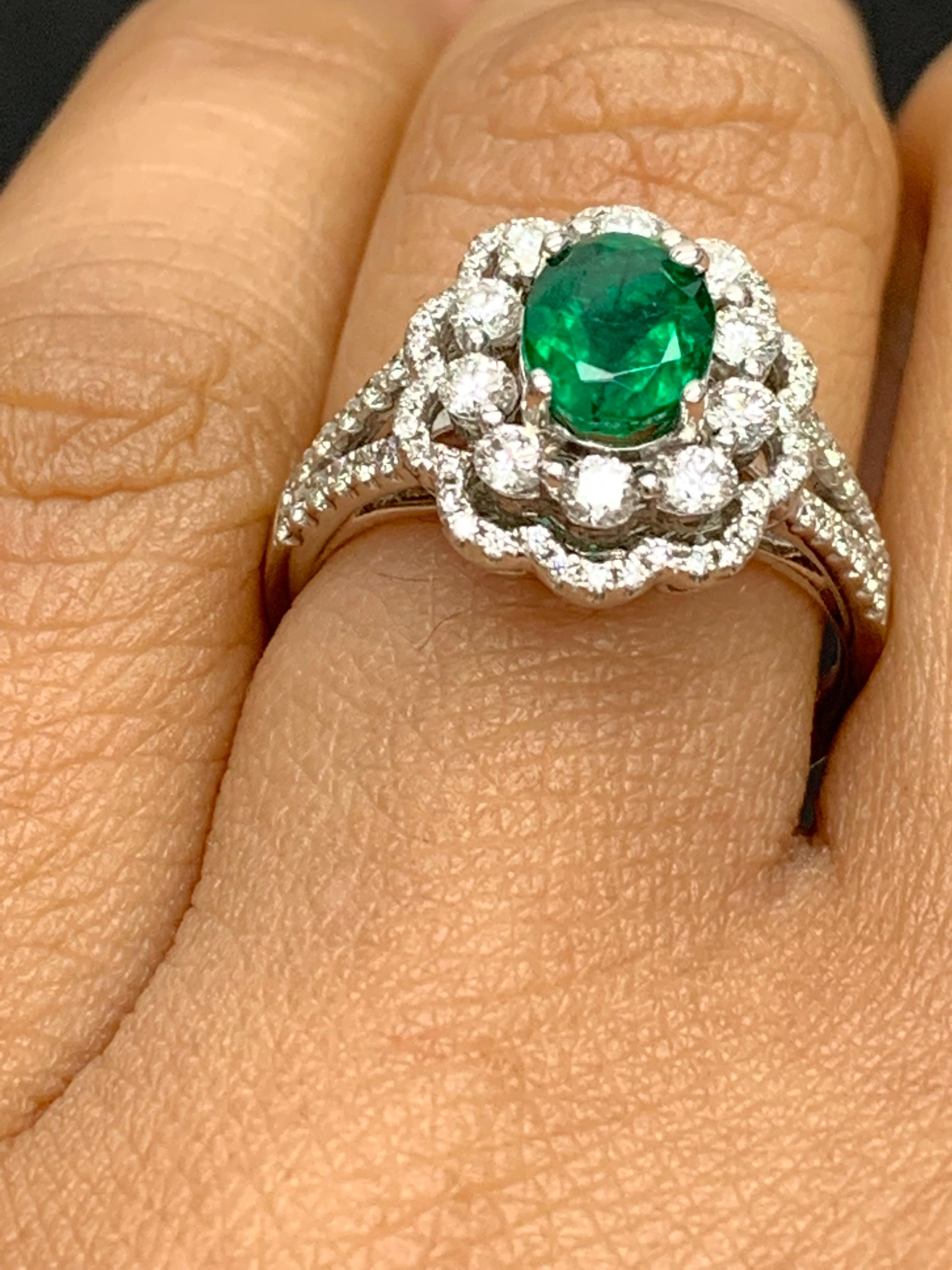 1.25 Carat Oval Emerald and Diamond Cocktail Flower Ring in 18K White Gold For Sale 6