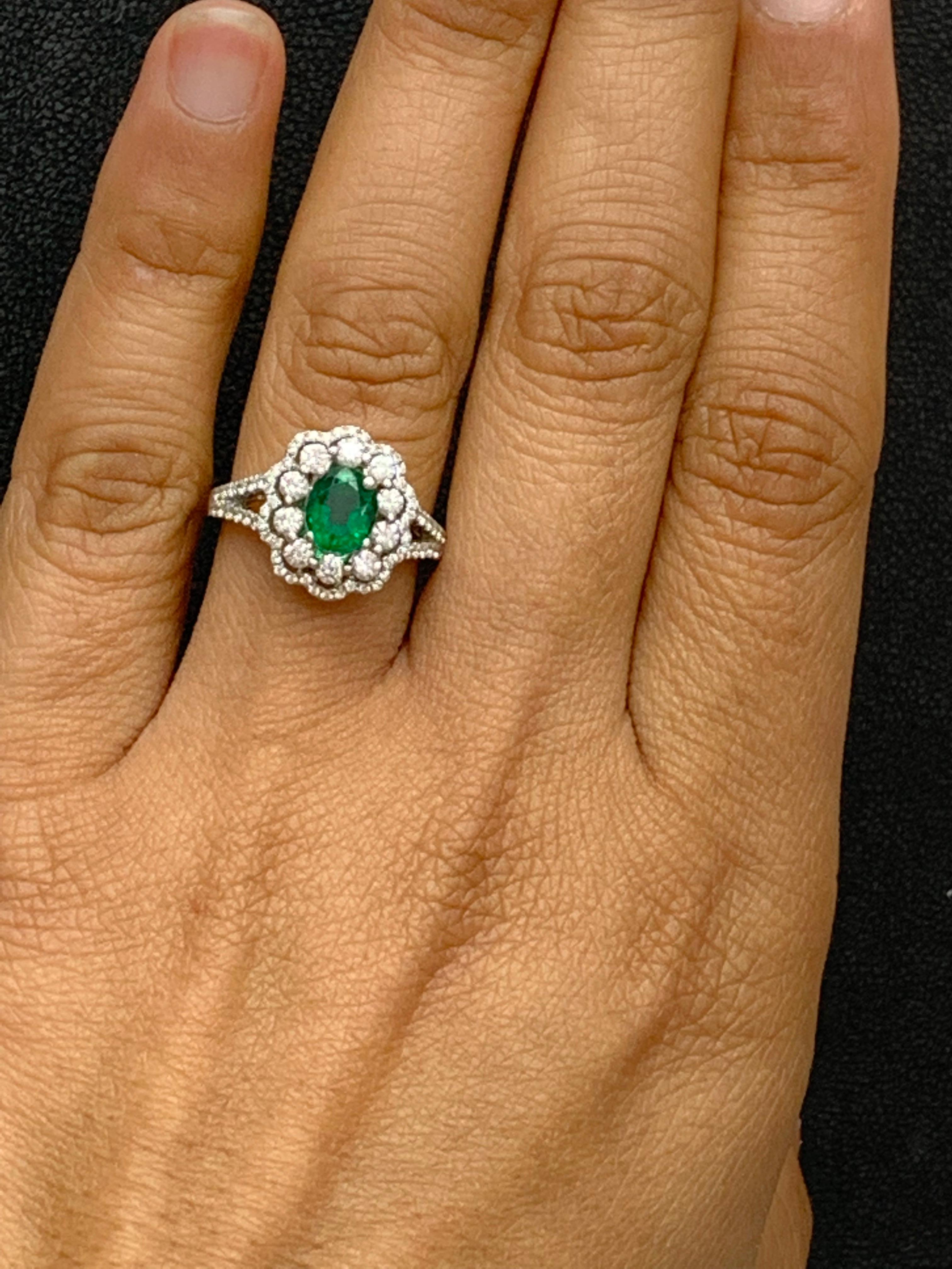 1.25 Carat Oval Emerald and Diamond Cocktail Flower Ring in 18K White Gold For Sale 7