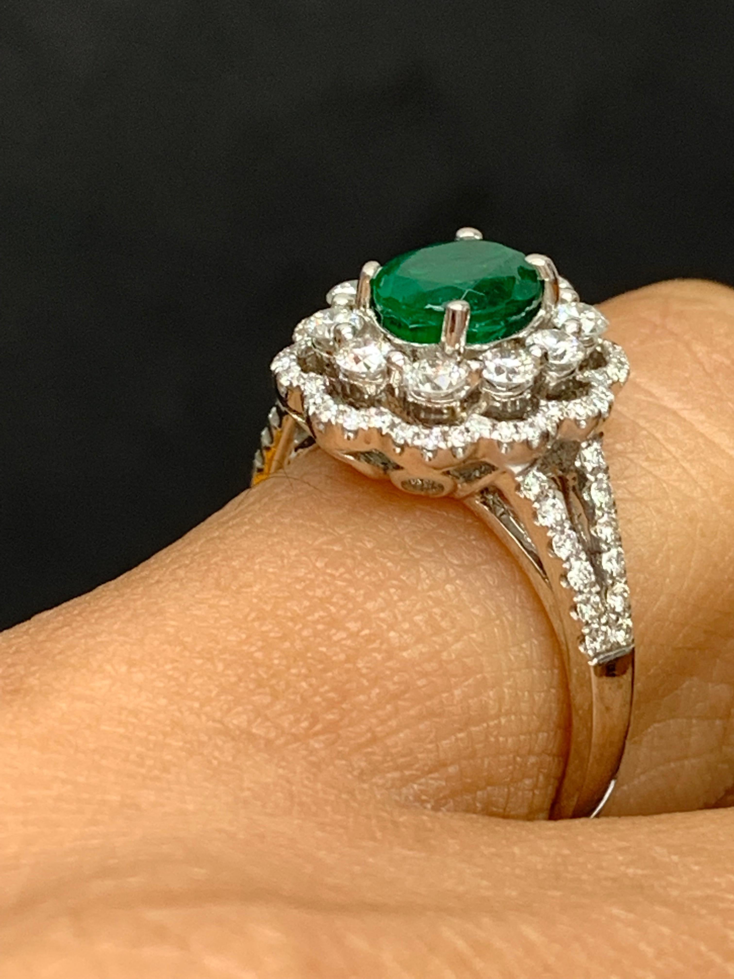 1.25 Carat Oval Emerald and Diamond Cocktail Flower Ring in 18K White Gold For Sale 2