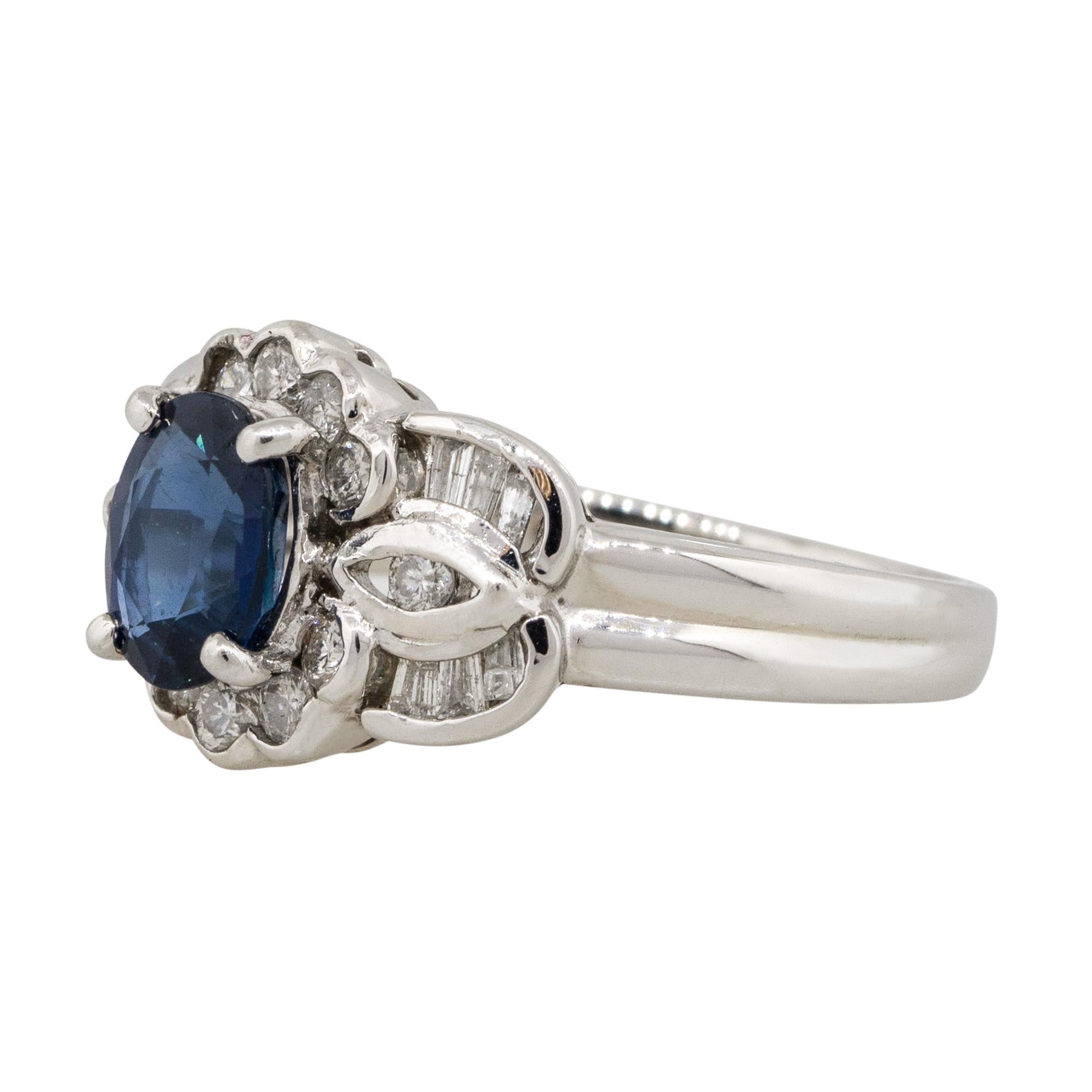 Material: Platinum
Gemstone details: Approx. 1.25ctw oval cut Sapphire center
Diamond details: Approx. 0.47ctw of round and baguette cut Diamonds. Diamonds are G/H in color and VS in clarity
Ring Size: 6.5 
Ring Measurements: 0.75