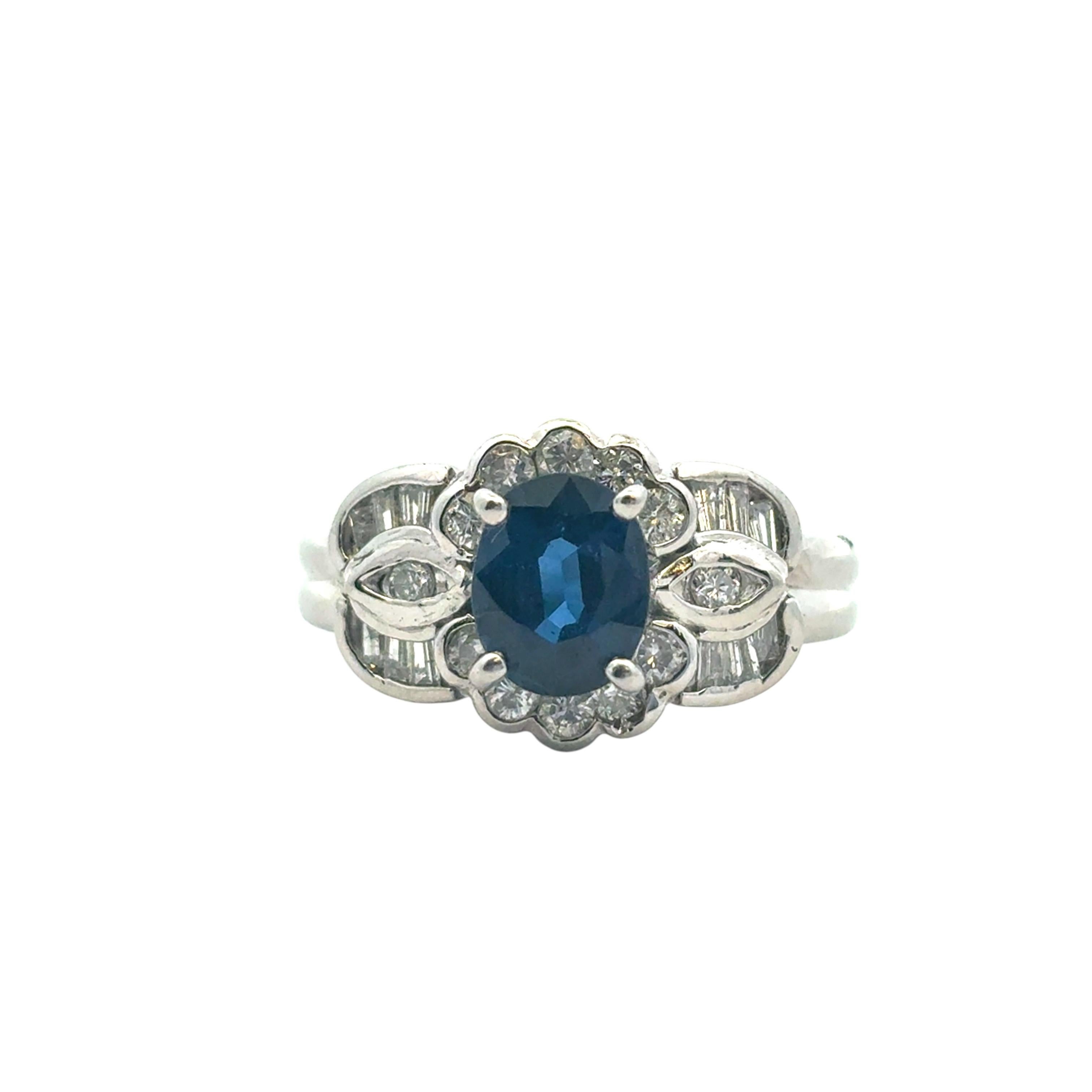 1.25 Carat Oval Sapphire Center Diamond Cocktail Ring Platinum in Stock For Sale 1