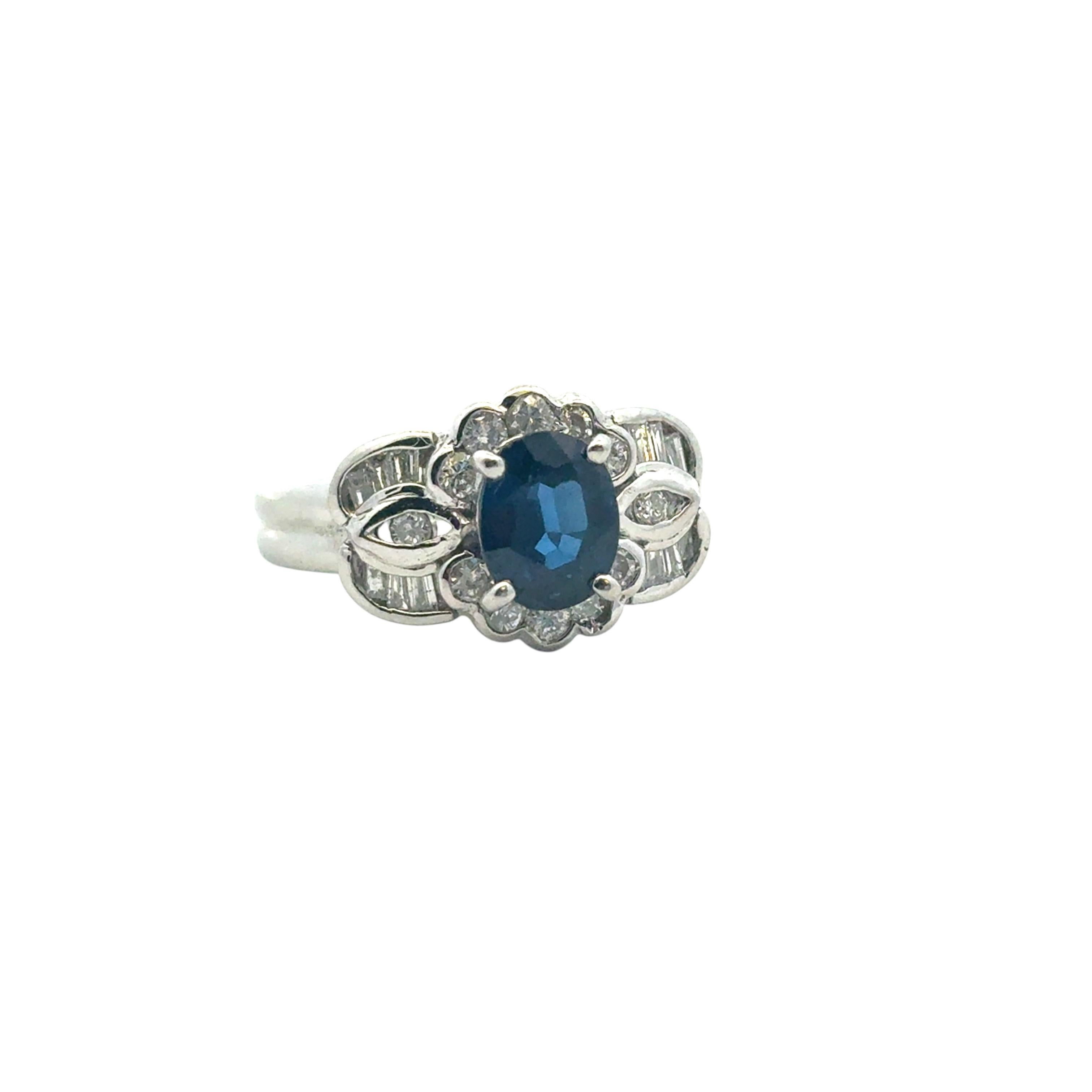 1.25 Carat Oval Sapphire Center Diamond Cocktail Ring Platinum in Stock For Sale 3