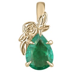 Collier pendentif émeraude taille poire de 1,25 carat avec motif floral en or