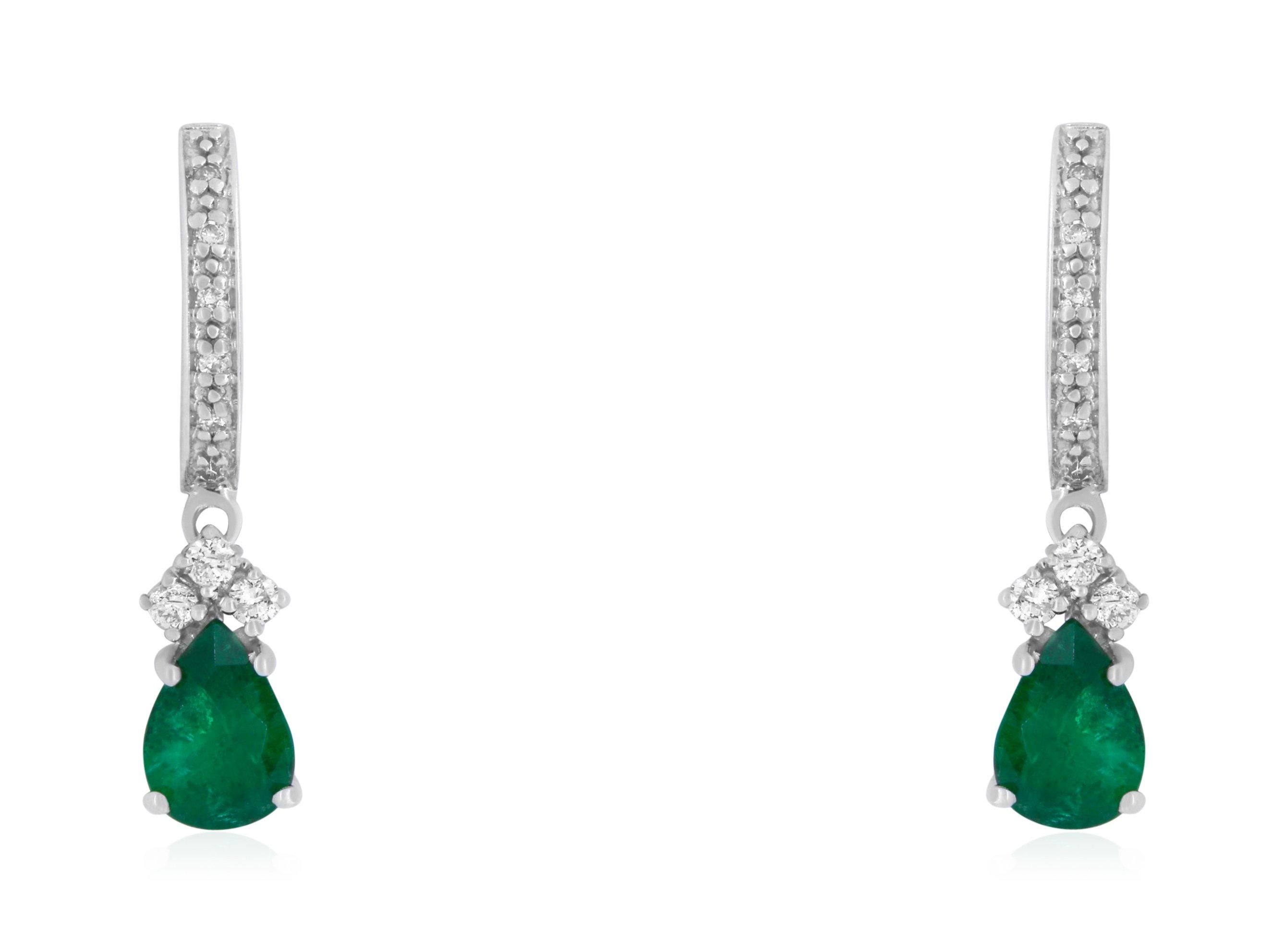 Pear Cut 1.25 Carat Pear Shaped Emerald and White Diamond Drop Earring