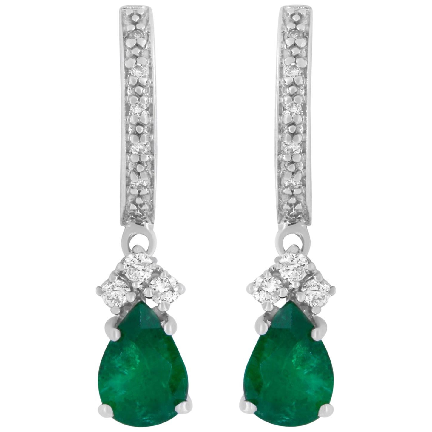 1.25 Carat Pear Shaped Emerald and White Diamond Drop Earring