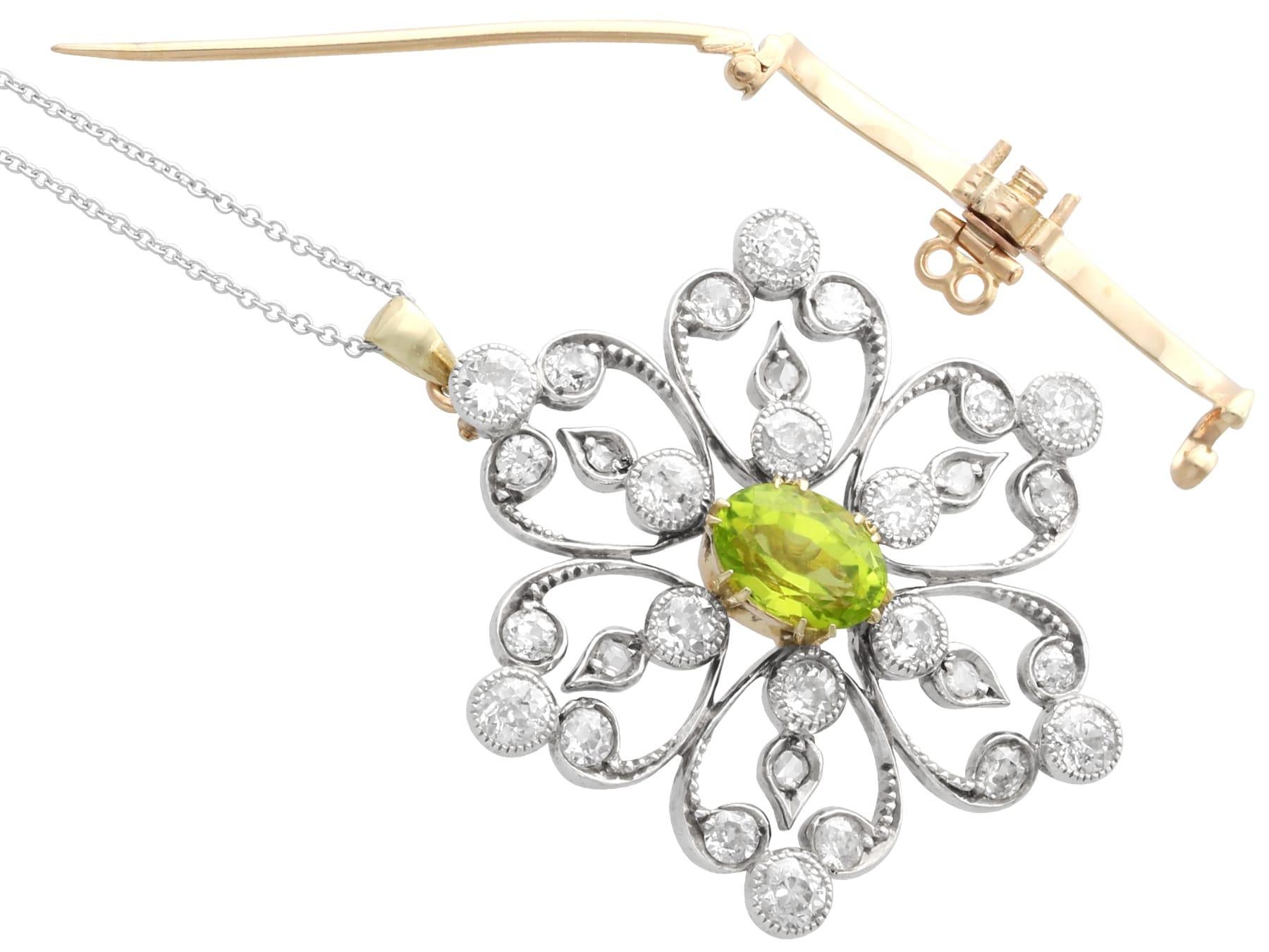 1.25 Carat Peridot 1.95 Carat Diamond, 9k Yellow Gold Pendant Brooch Circa 1890 im Angebot 4