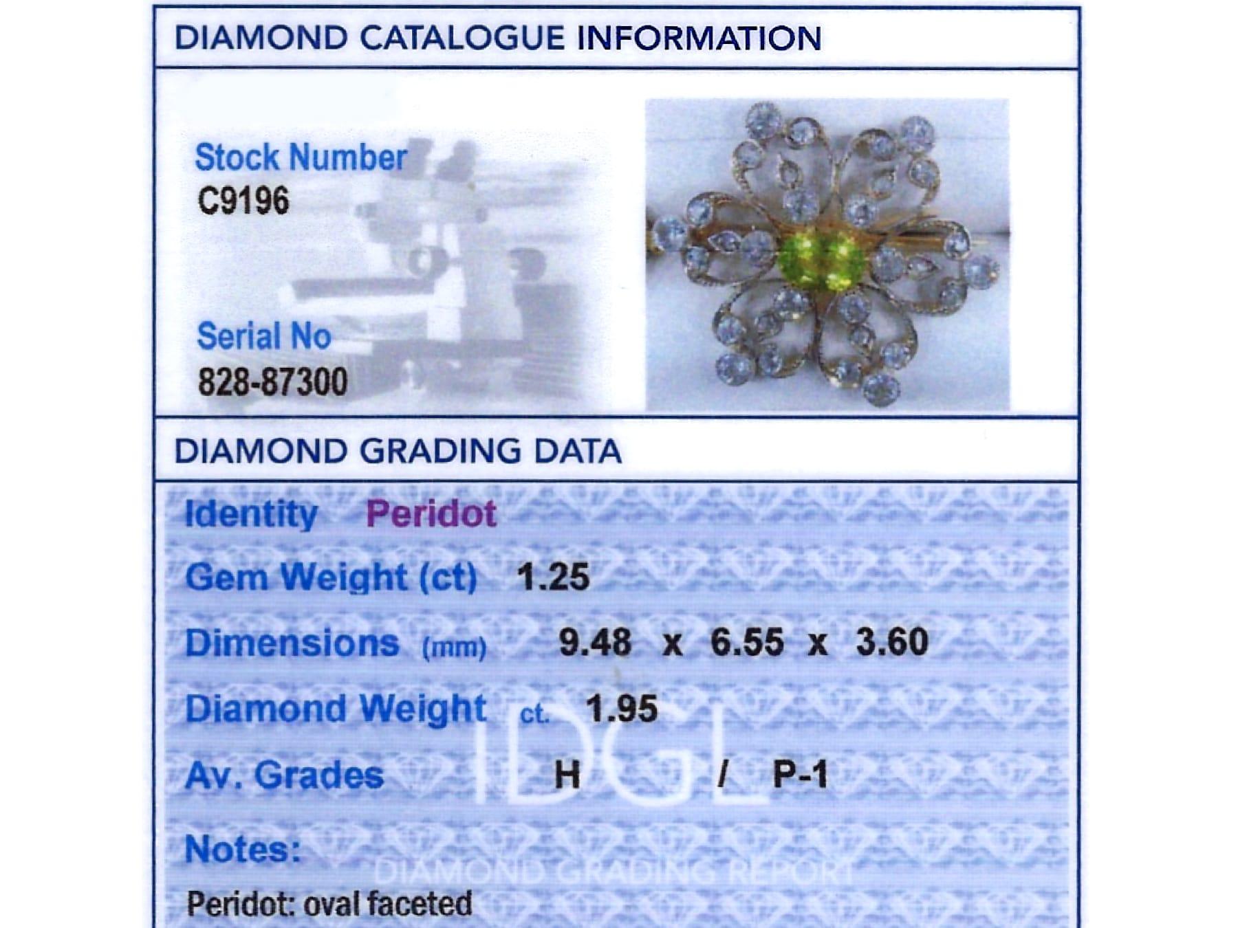1.25 Carat Peridot 1.95 Carat Diamond, 9k Yellow Gold Pendant Brooch Circa 1890 im Angebot 6