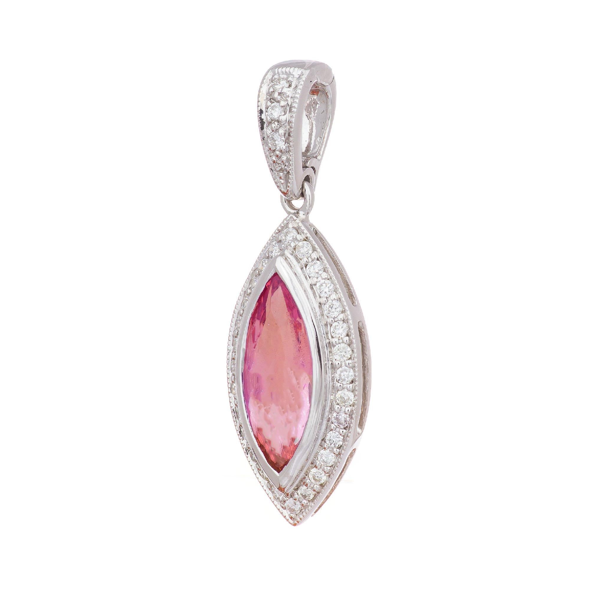 Marquise Cut 1.25 Carat Pink Topaz Diamond Halo White Gold Pendant