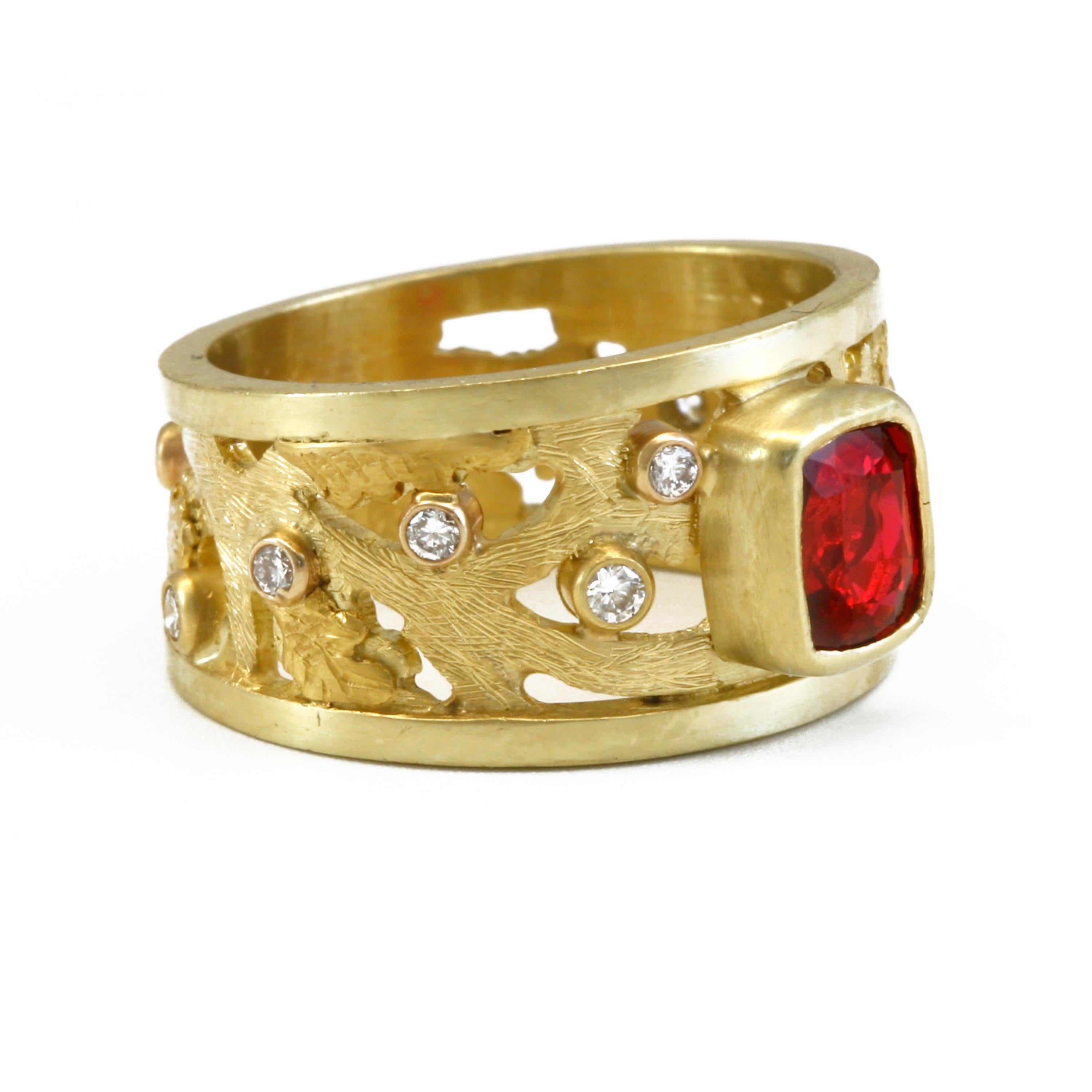 1.25 Carat Red Spinel with .27 Carat Diamonds Set in 18k Gold Scrollwork Band For Sale 1