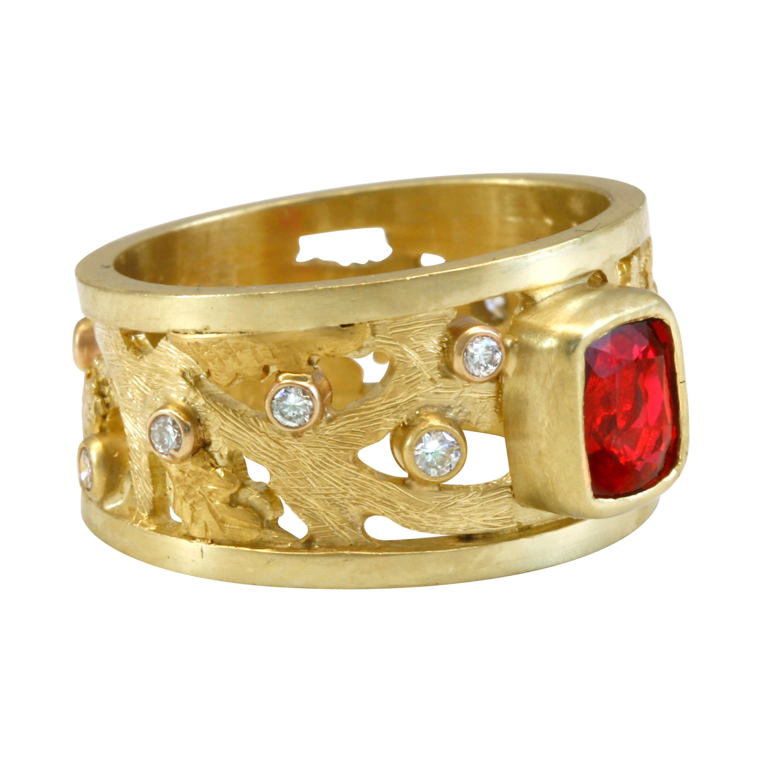 1.25 Carat Red Spinel with .27 Carat Diamonds Set in 18k Gold Scrollwork Band For Sale