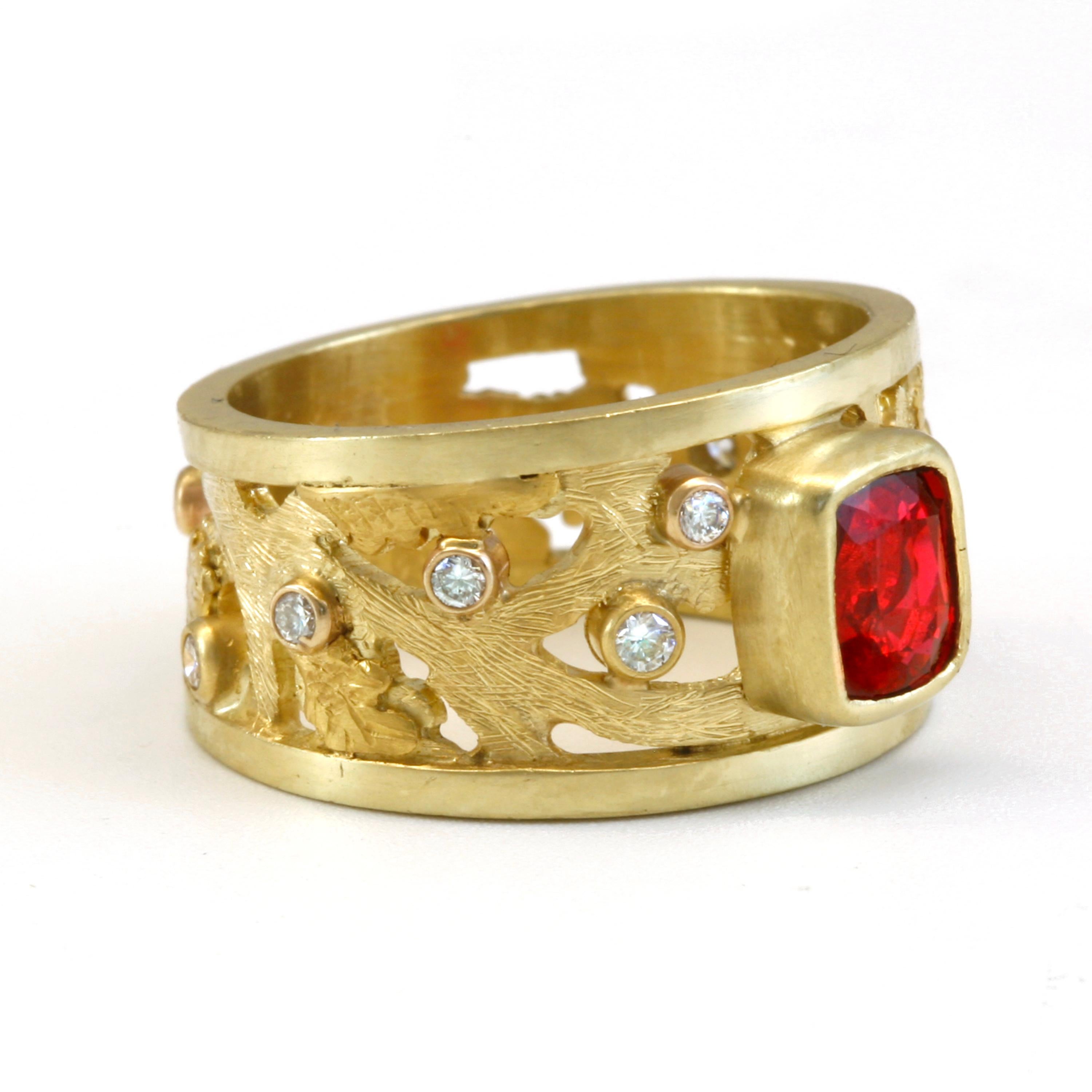 1.25 Carat Red Spinel with .27 ctw Diamonds set in 18k Gold Scrollwork Band, 10 x 8 mm.