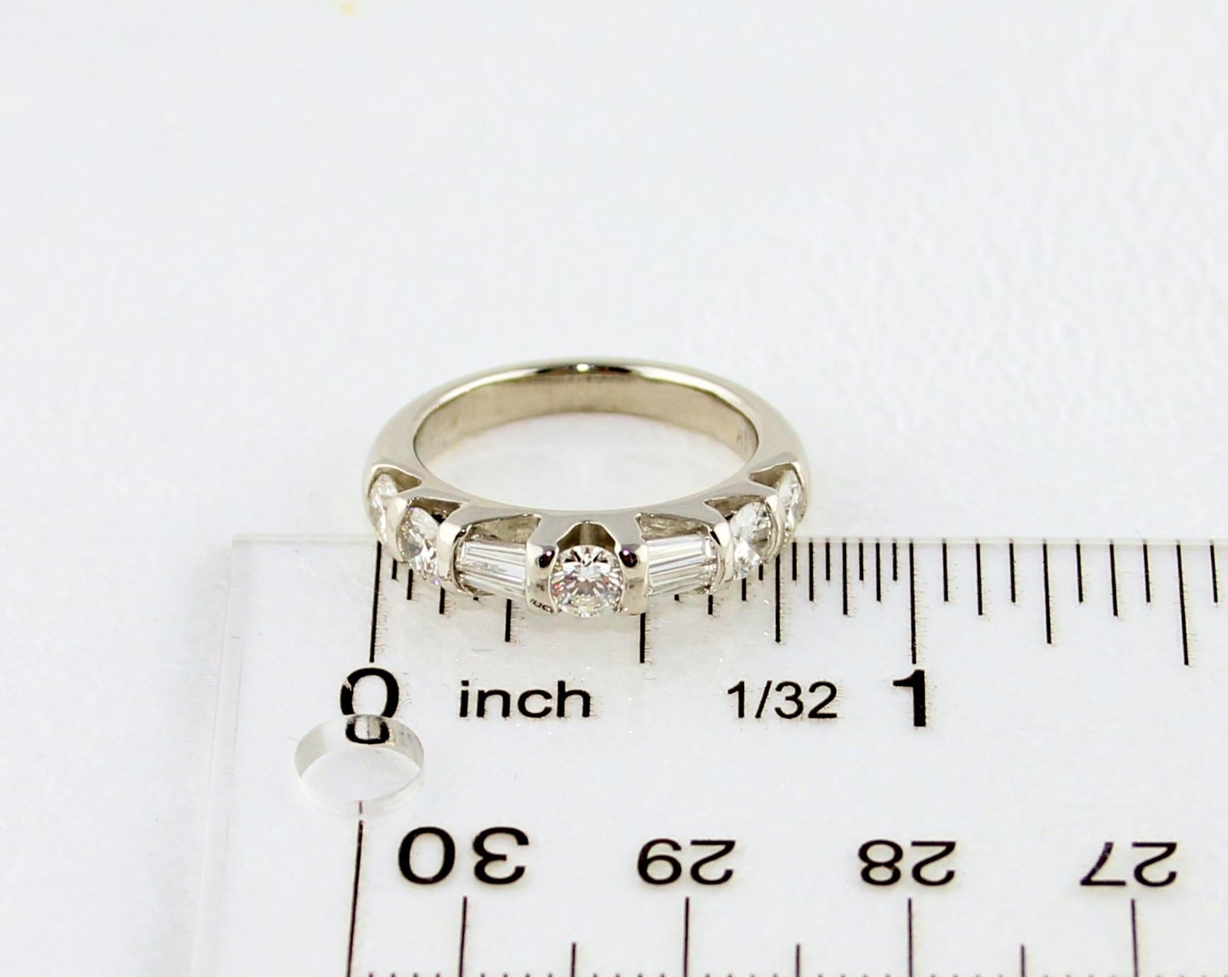 1.25 Carat Round And Baguette Diamond Half Band Platinum Ring In Excellent Condition For Sale In New York, NY