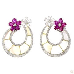 1.25 Carat Round Brilliant Cut Diamond Mother of Pearl Ruby Gold Earrings