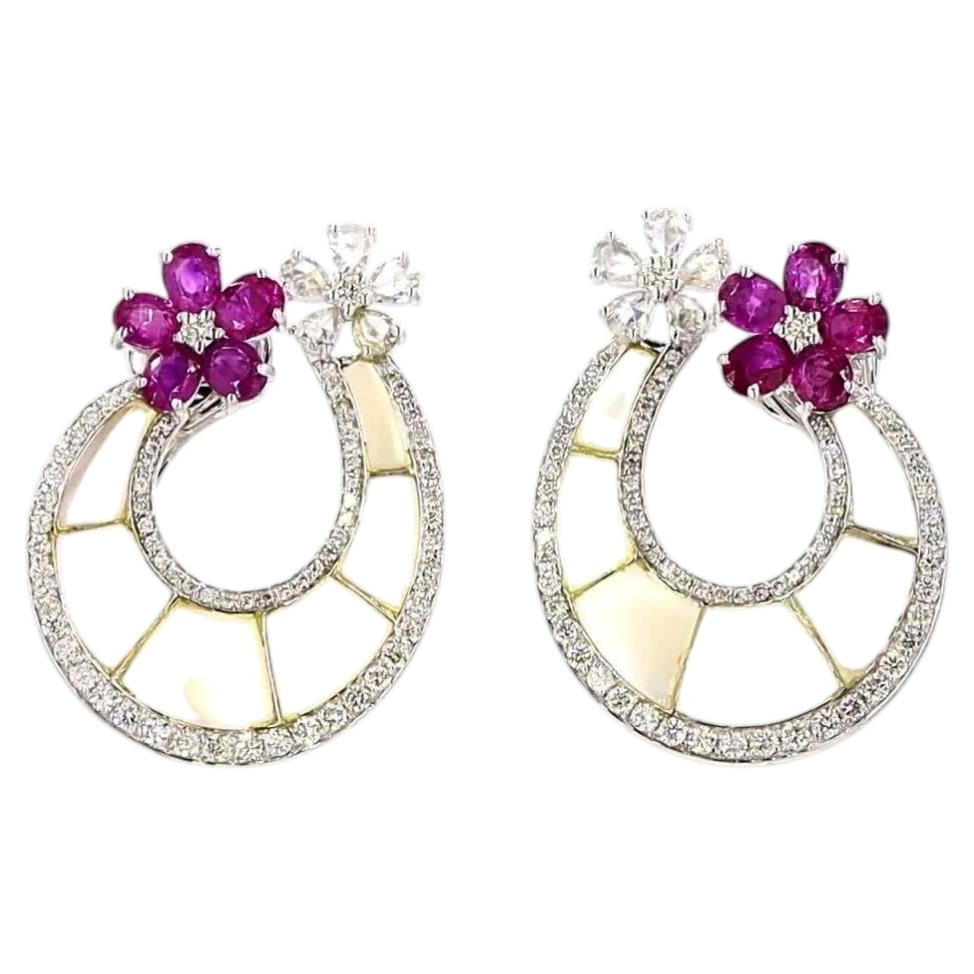 1.25 Carat Round Brilliant Cut Diamond Mother of Pearl Ruby Gold Earrings