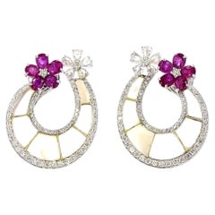 1.25 Carat Round Brilliant Cut Diamond Mother of Pearl Ruby Gold Earrings