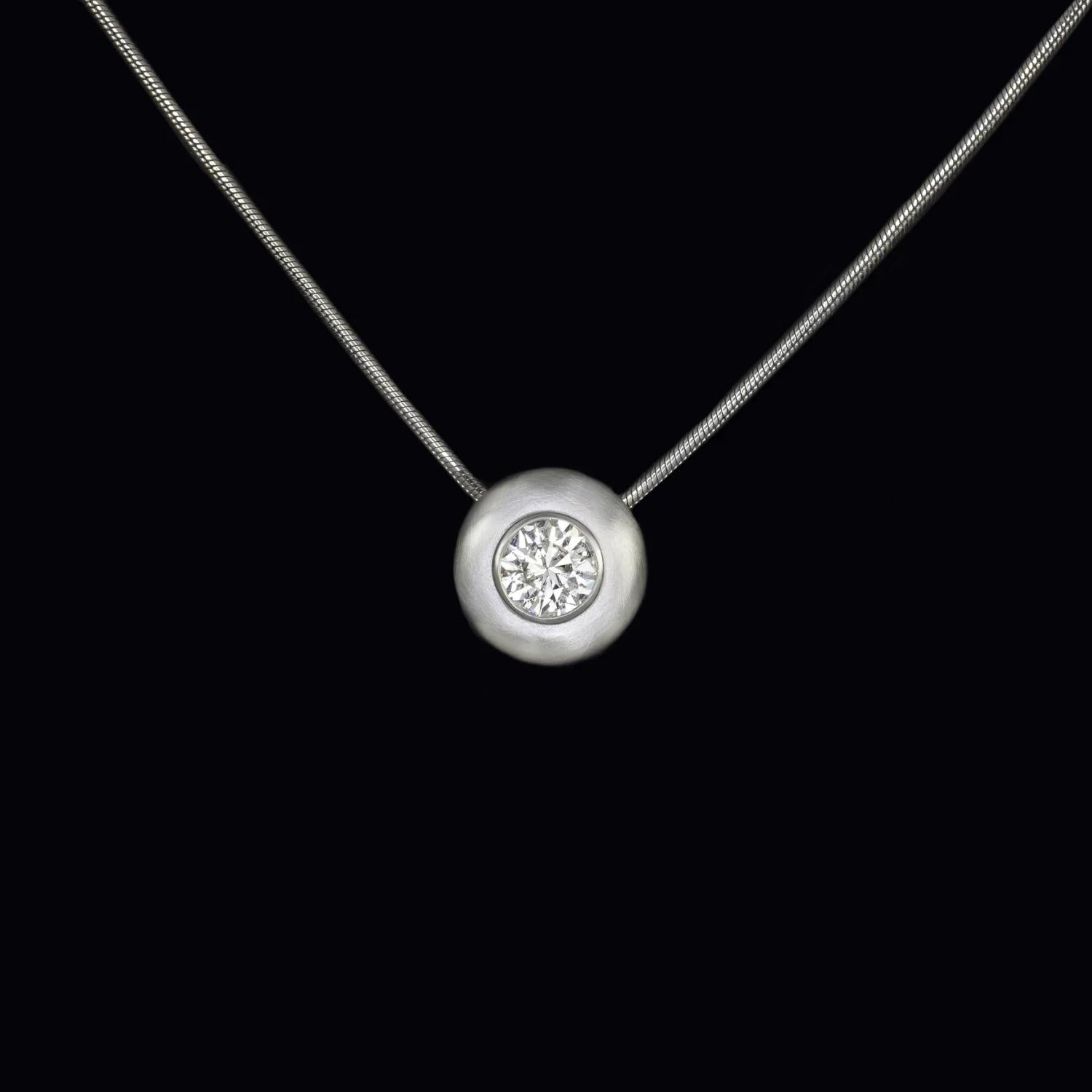 Round Cut 1.25 Carat Round Brilliant Diamond Bezel Set Solitaire 14K White Gold Necklace For Sale