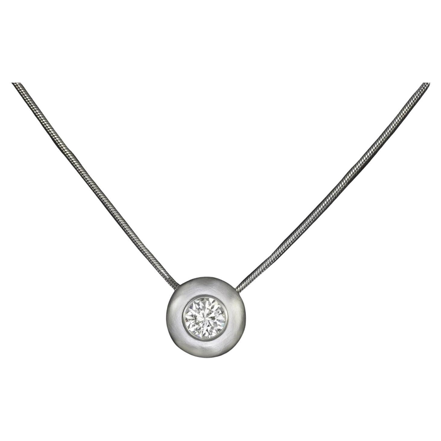 1.25 Carat Round Brilliant Diamond Bezel Set Solitaire 14K White Gold Necklace For Sale