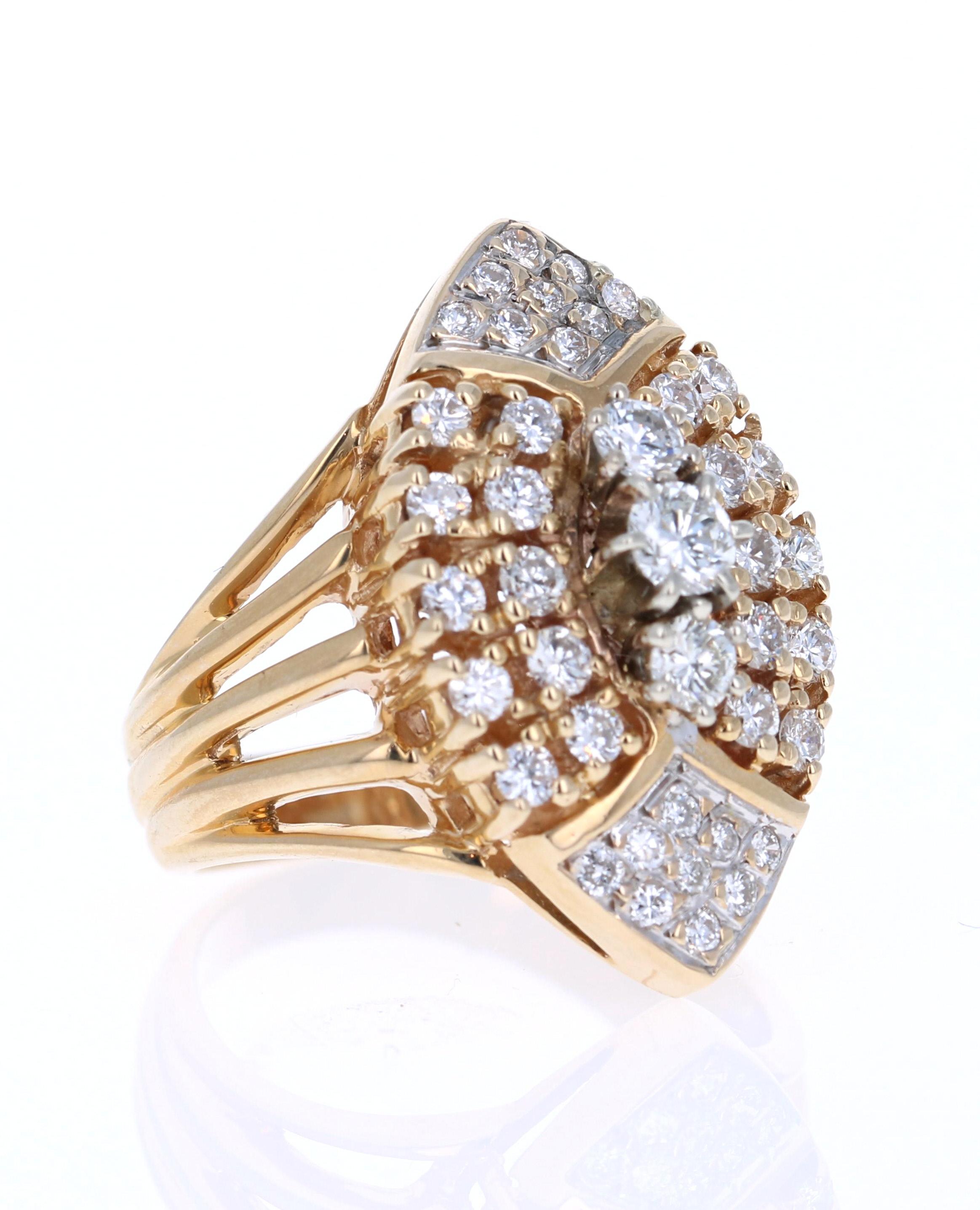 This unique cluster ring has 41 Round Cut Diamond that weigh 1.25 Carats (Clarity: VS, Color: F)

The ring is set in 14 Karat Yellow Gold and has an approximate weight of 9.2 grams. 

The ring is a size 7 and can be re-sized free of charge if