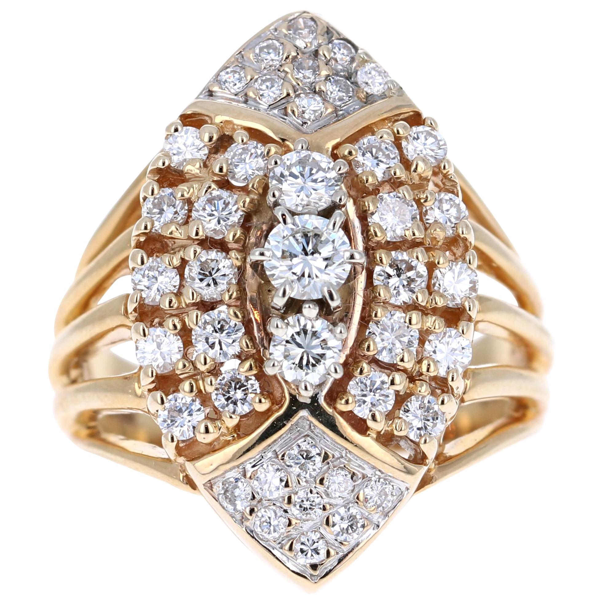 1.25 Carat Round Cut Diamond 14 Karat Yellow Gold Cluster Ring For Sale